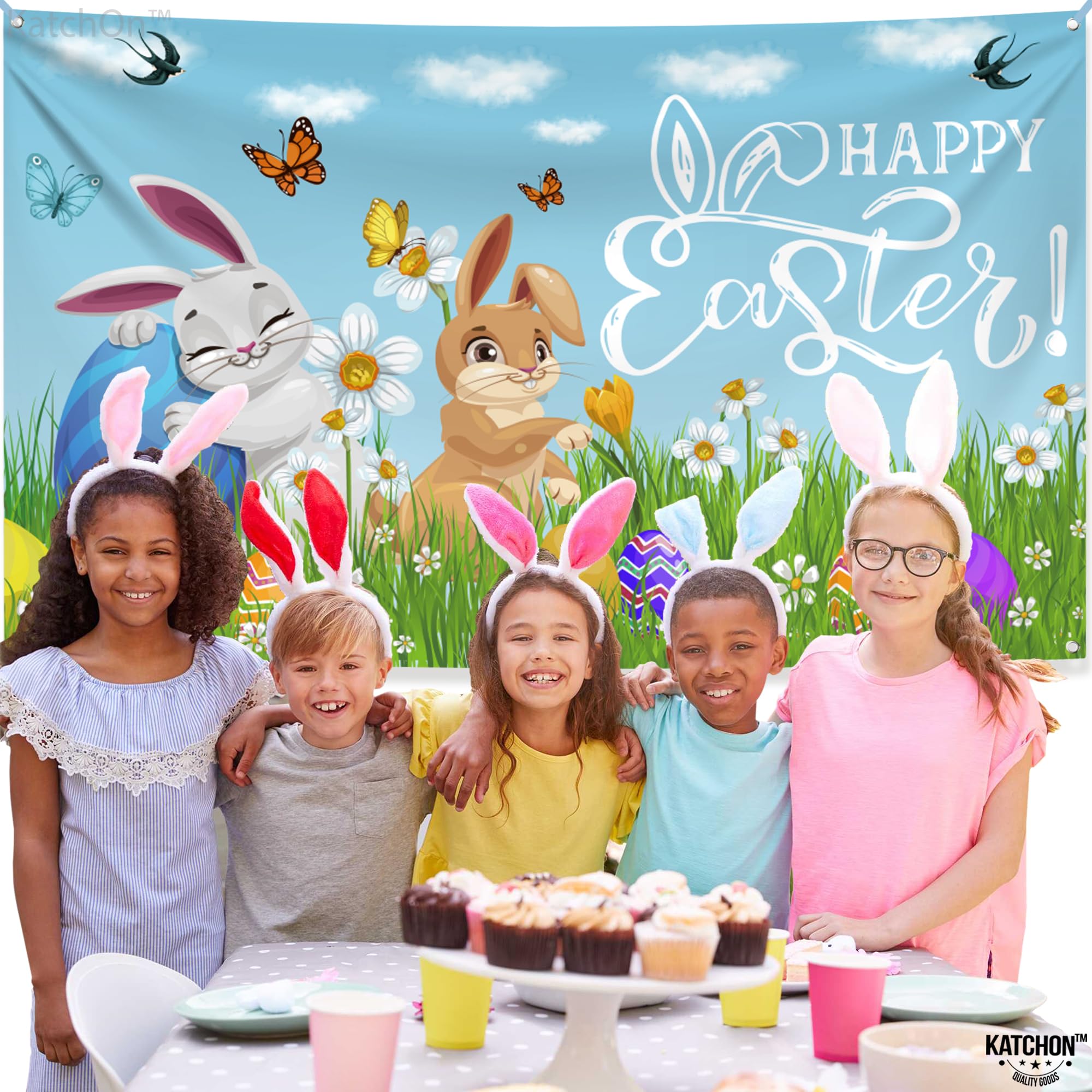 KatchOn Extra Large 72x44 Inch Happy Easter Banner Decorations - Outdoor Easter Party Backdrop, Photography Background & Wall Decor for Easter Celebrations, Church Events & Spring Festivals