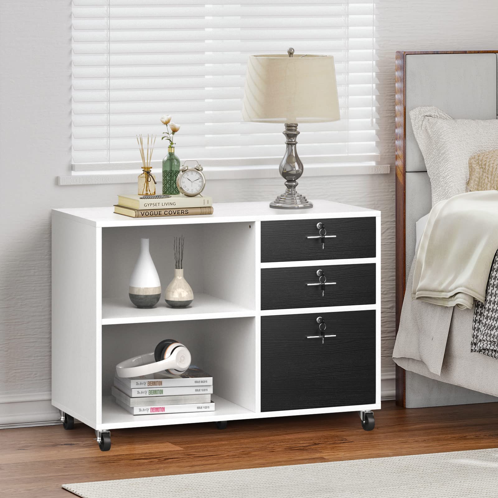 YITAHOME 3-Drawer Wood File Cabinet with Wheels, Mobile Lateral Storage Cabinet & Printer Stand - 35