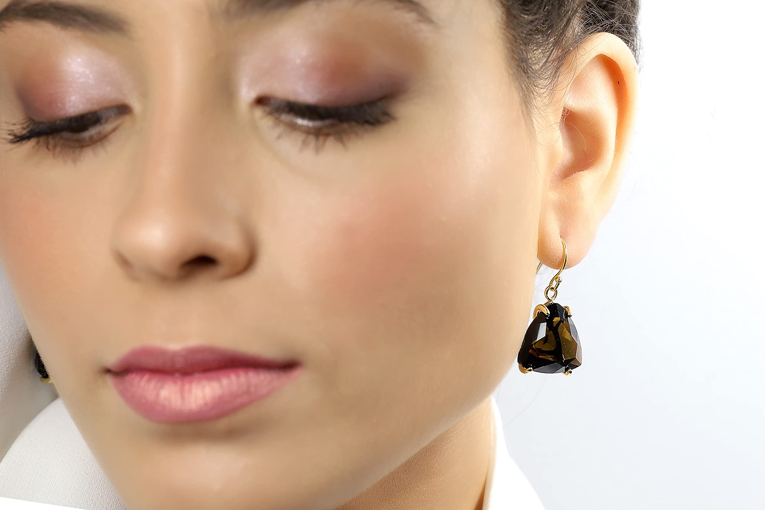 Smoky Quartz Gold Triangle Earrings | Trillion Cut Gemstone Dangle Earrings for Women | Elegant Semi-Precious Jewelry | Perfect for Evening Parties, Weddings & Special Occasions | Unique Gift for Birthday, Anniversary & Celebrations