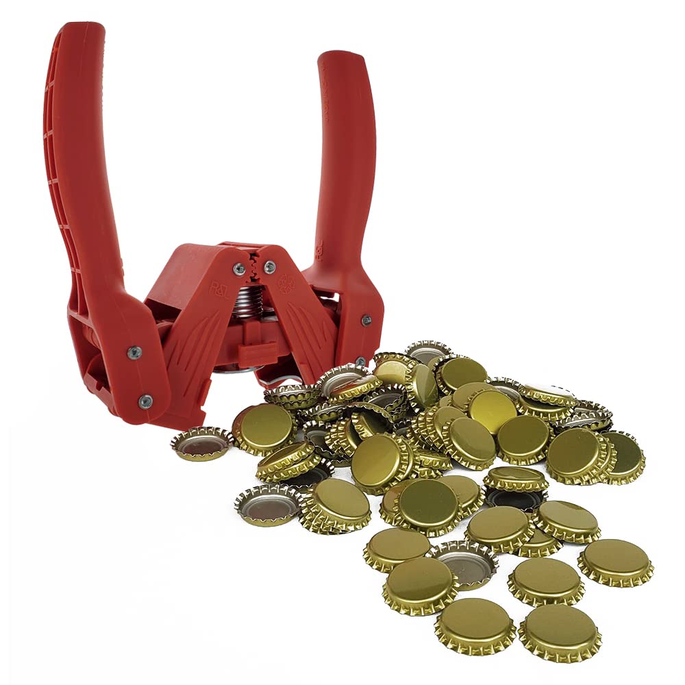 Premium Red Bottle Capper with Gold Oxygen Barrier Crown Caps - 144 Count for Home Brewing, Beer Bottling & Craft Beverage Preservation
