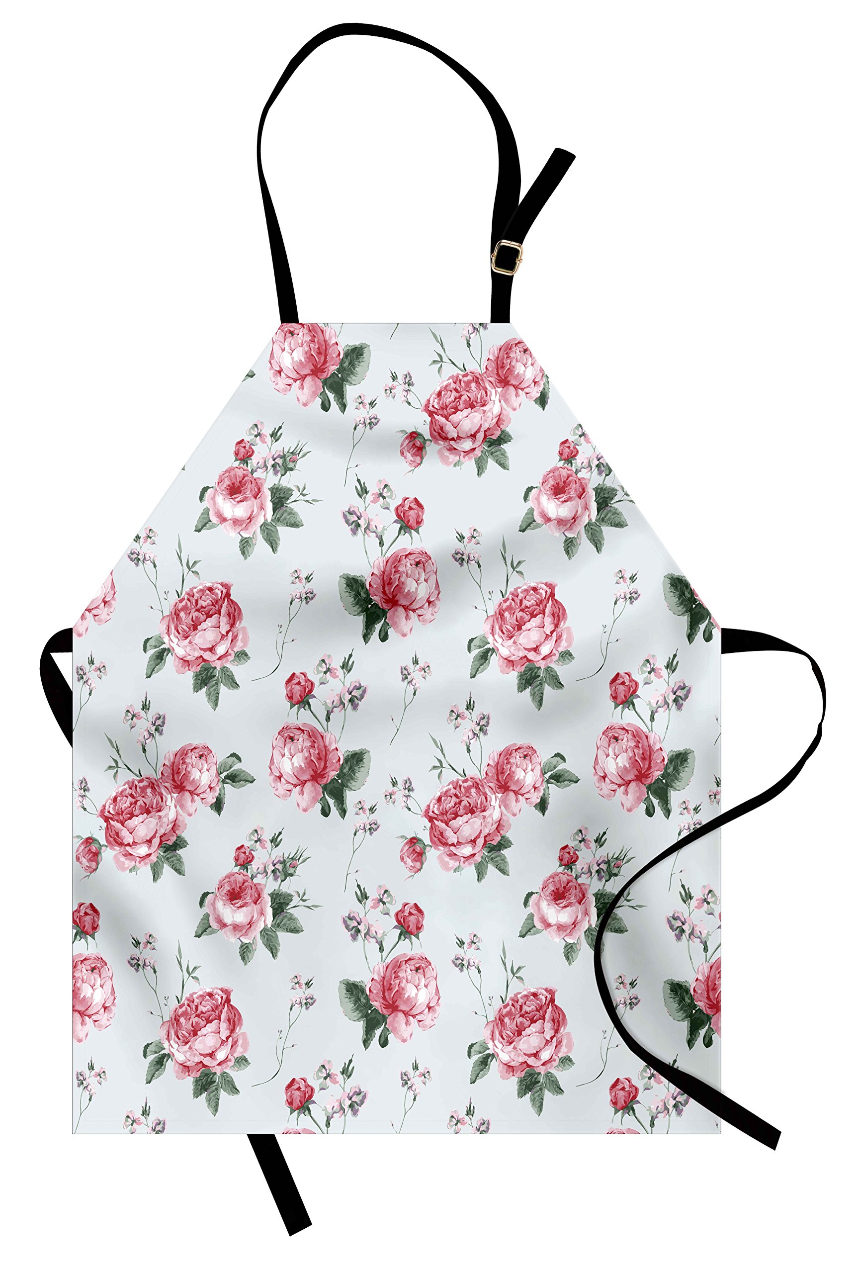 Ambesonne Rose Apron - English Rose Watercolor Painting Design, Unisex Adjustable Kitchen Bib Apron for Cooking, Baking & Gardening - Reseda Green & Pink Floral Pattern | Perfect for Home Chefs, Bakers and Garden Enthusiasts