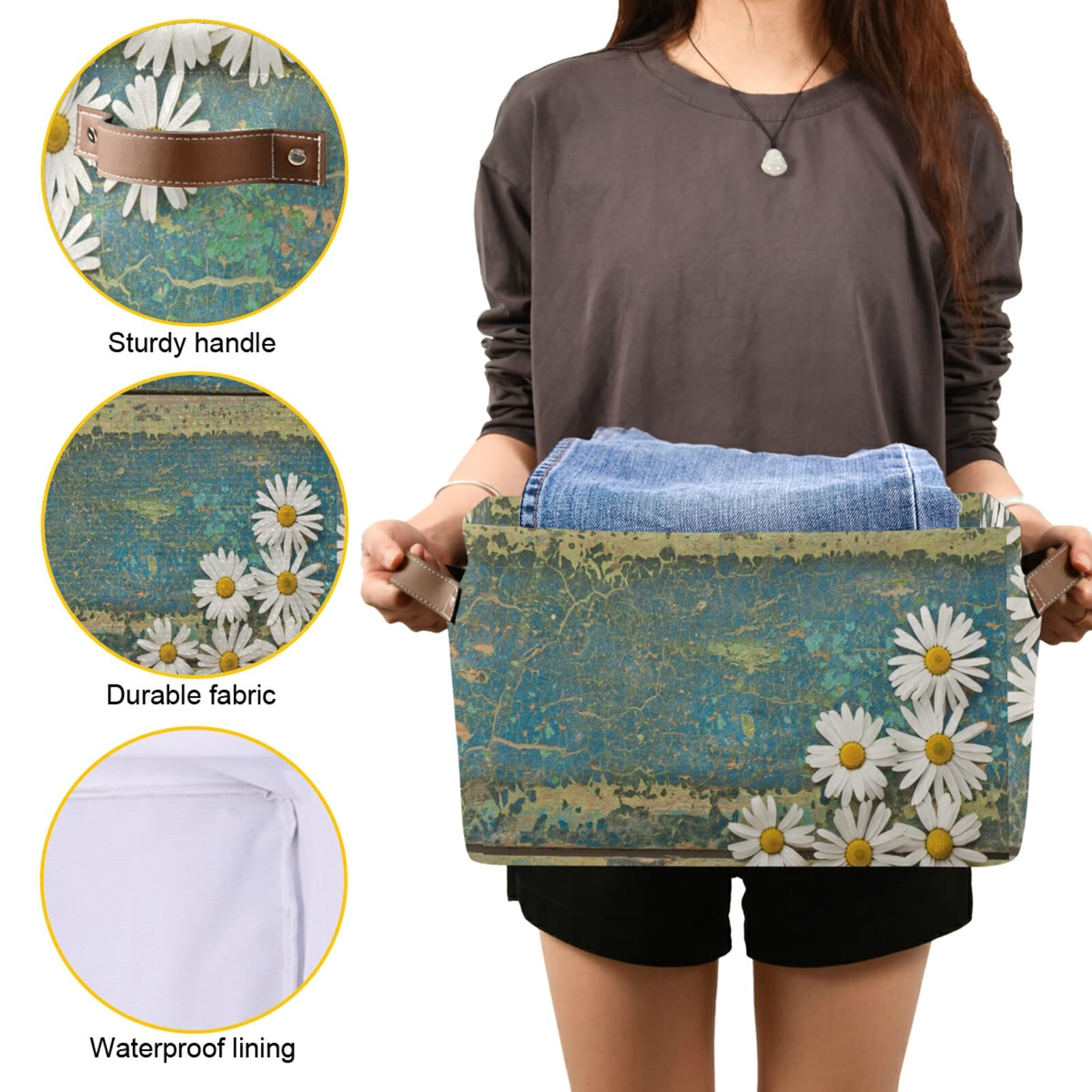 Floral Daisy Wood Storage Bin - Large Collapsible Canvas Storage Basket with Handles for Toys, Clothes & Home Organization - Perfect for Bedroom, Closet, Office & Shelves (1-Pack)