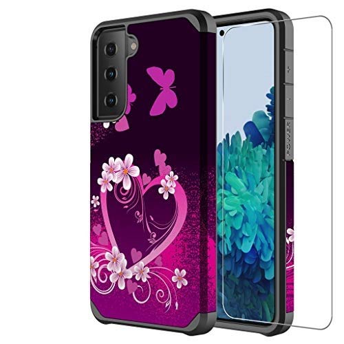 Samsung Galaxy S21 Case with TPU Screen Protector - Cute Glitter Heavy Duty Protective Phone Cover for Women & Girls, Hot Pink Heart Design | Perfect for Everyday Use, Work, and Travel