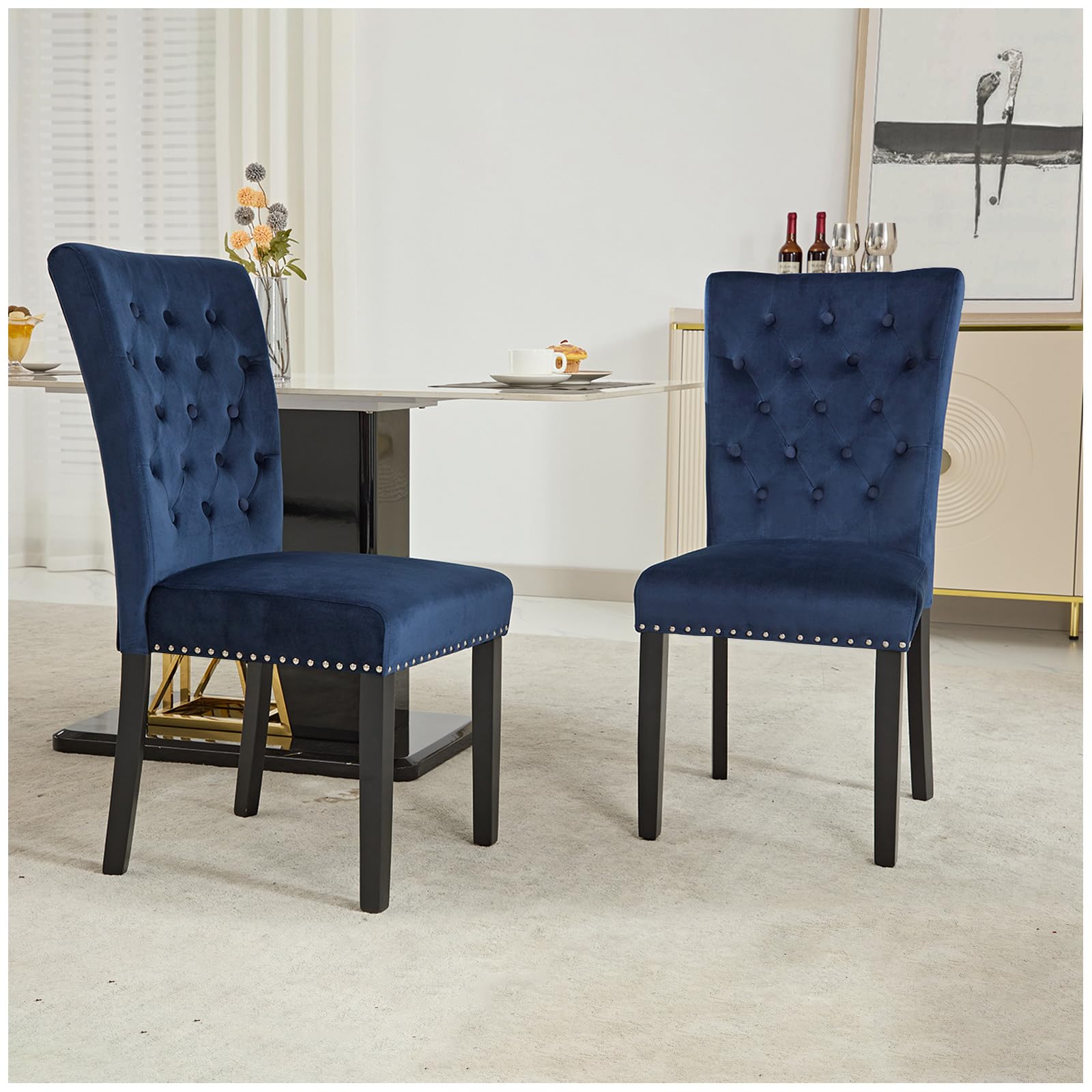 Velvet Dining Chairs Set of 2 - Blue Parsons Upholstered Dining Room Chairs with Wood Legs & Nailhead Trim - Perfect for Modern Dining Room, Kitchen, or Breakfast Nook