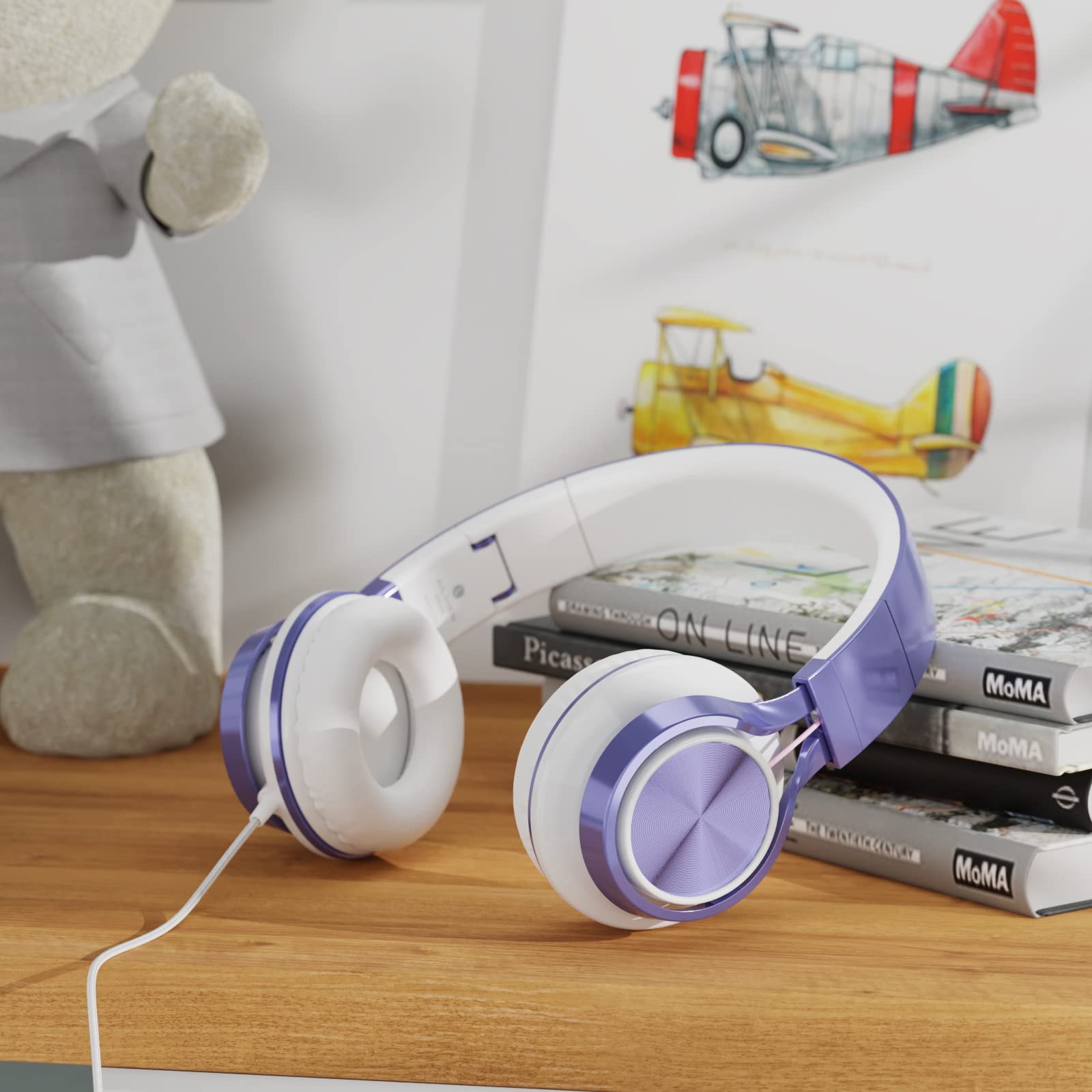 Ailihen MS300 Wired Headphones with Microphone - 3.5mm Jack Foldable Lightweight Headset for Chromebook, Laptop, Computer & Smartphone - Perfect for Online Classes, Gaming & Music (Violet)