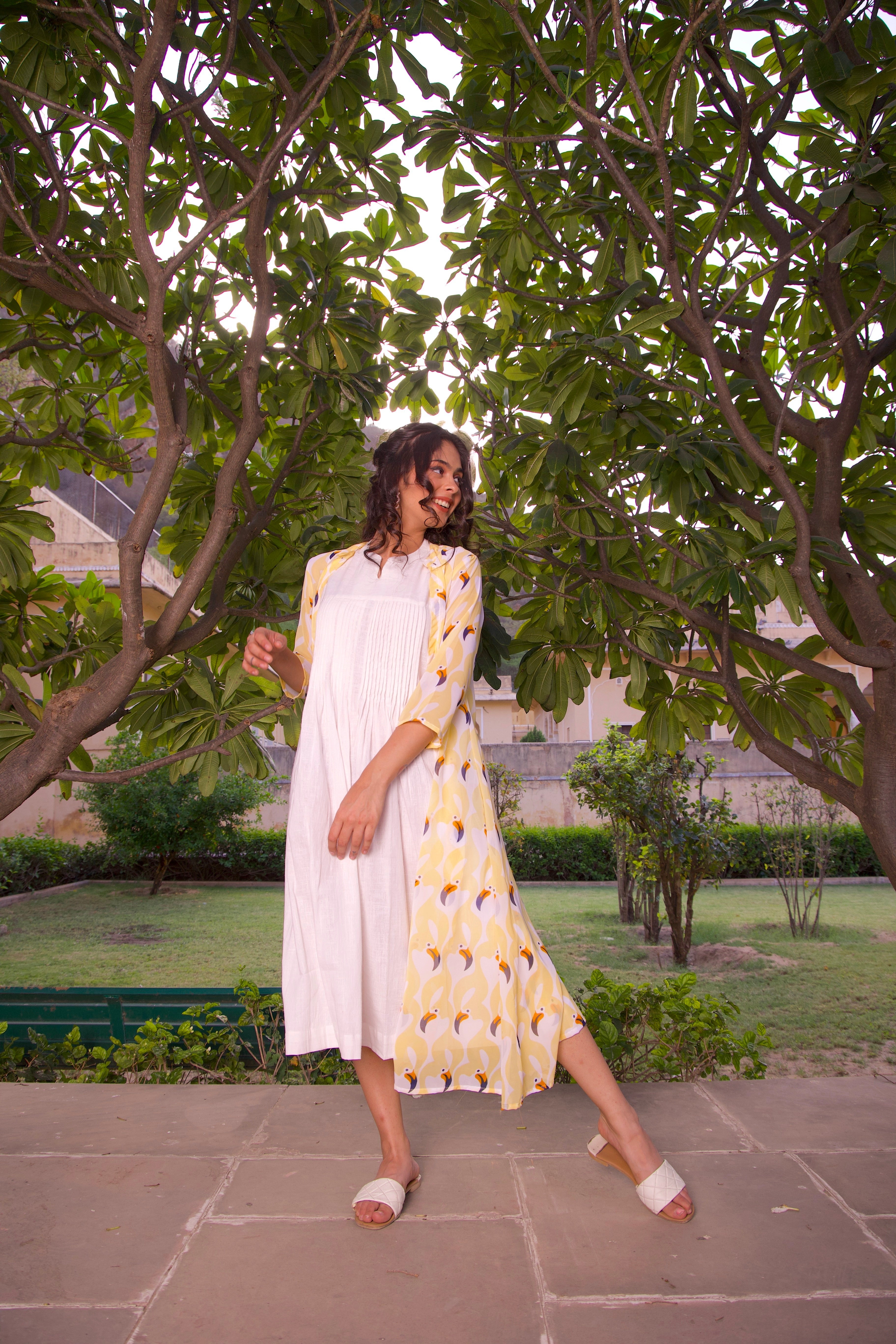 Stylish Yellow Printed Jacket & Maxi Dress Set for Women - Trendy Spring/Summer Outfit for Beach, Party & Casual Wear