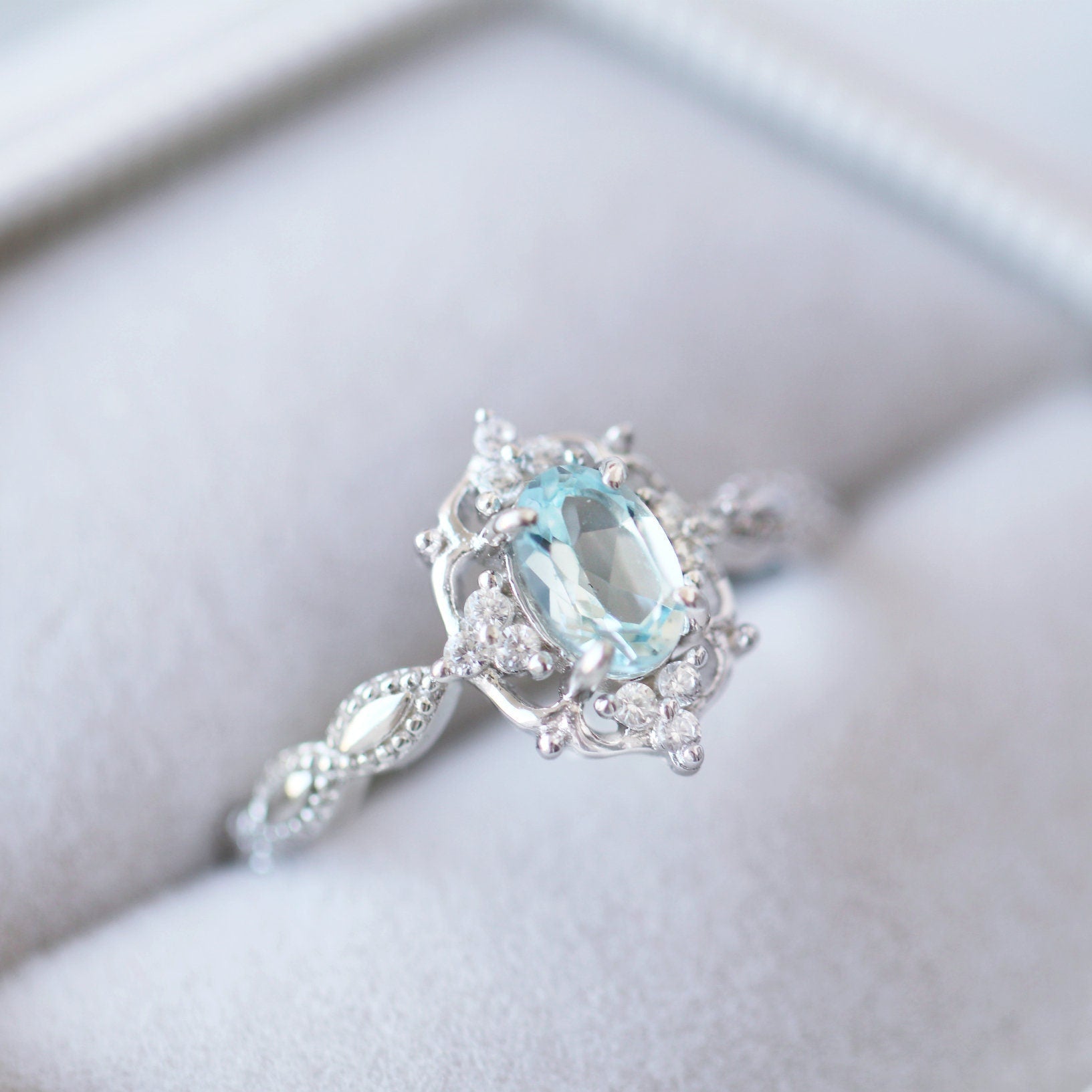 Vintage Aquamarine Ring 14K White Gold - Elegant Handmade Jewelry for Women, Perfect for Weddings, Anniversaries & Special Occasions
