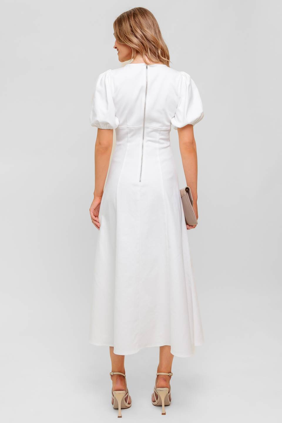 Glenda Midi Dress - White Denim Women's Casual Summer Dress for Beach, Party & Everyday Wear