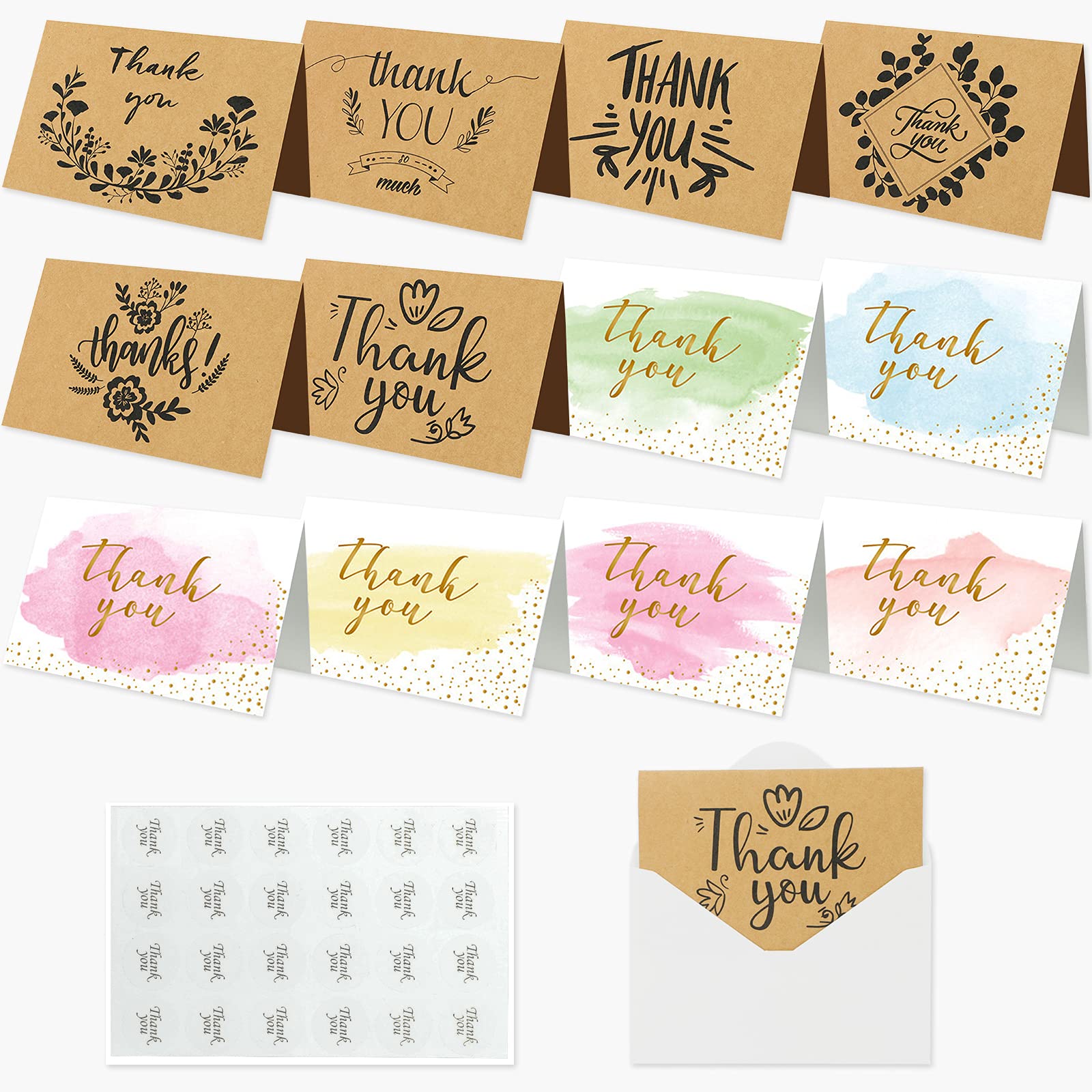 12 Pack Thank You Cards with Envelopes & Stickers - Multipack Greeting Cards for Christmas, Thanksgiving, Mother's Day, Father's Day - Perfect for Gifts, Appreciation Notes & Special Occasions