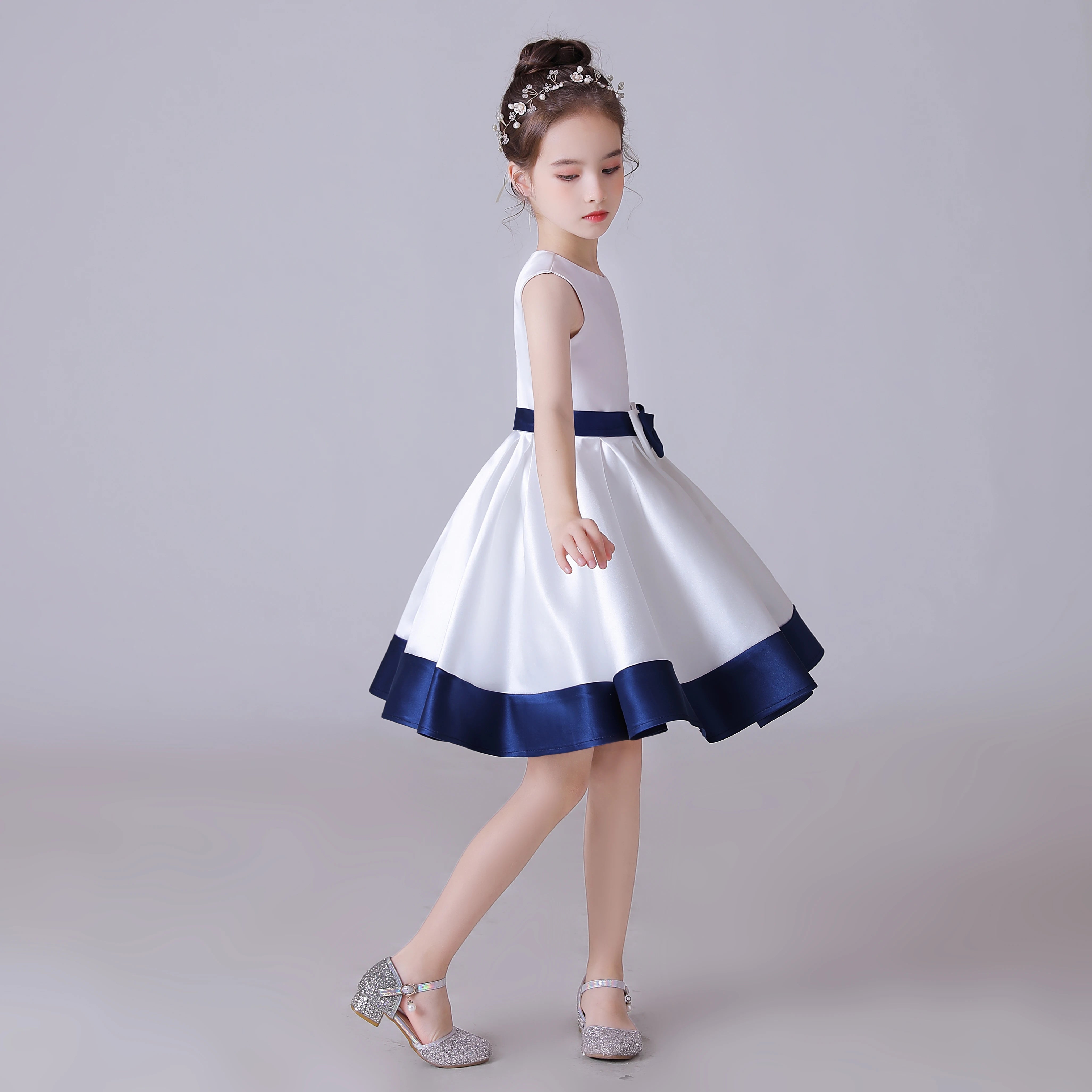 Elegant Sleeveless Satin Girls Dress with Navy Blue Bow - Knee-Length Party Dress for Special Occasions, Birthday, Photo Shoots & Formal Events
