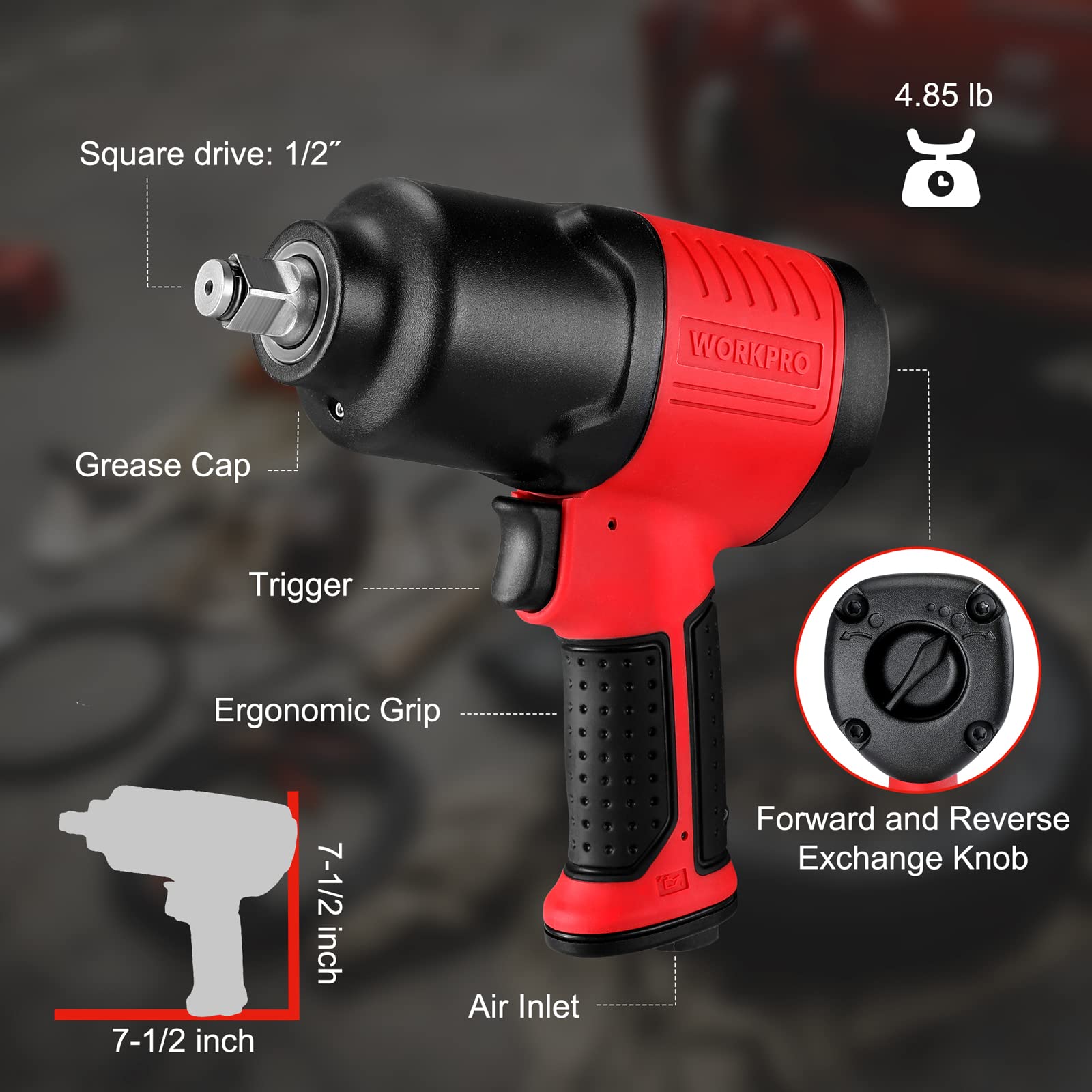 WORKPRO 1/2-Inch Air Impact Wrench - Heavy Duty Ergonomic Design, 450 ft-lbs Max Torque for Automotive Repair, Tire Changes & Construction Projects