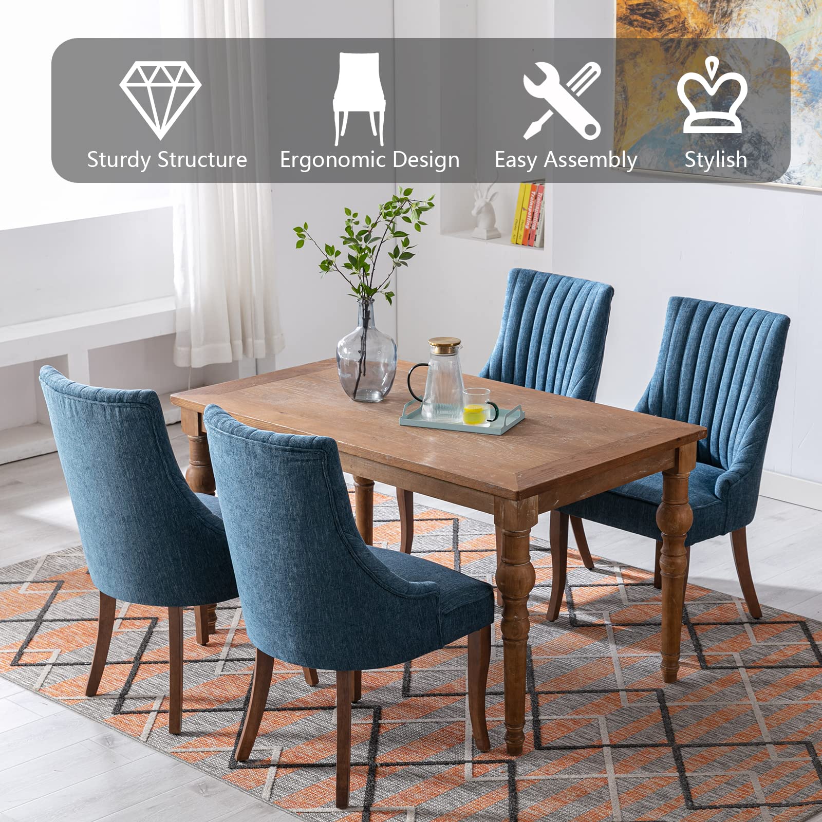 Mikibama Linen Dining Chairs Set of 2 - Channel Tufted Upholstered Kitchen Chairs with Solid Wood Legs, Comfortable Fabric Accent Chairs for Dining Room (Blue) | Perfect for Farmhouse, Modern & Cozy Home Decor