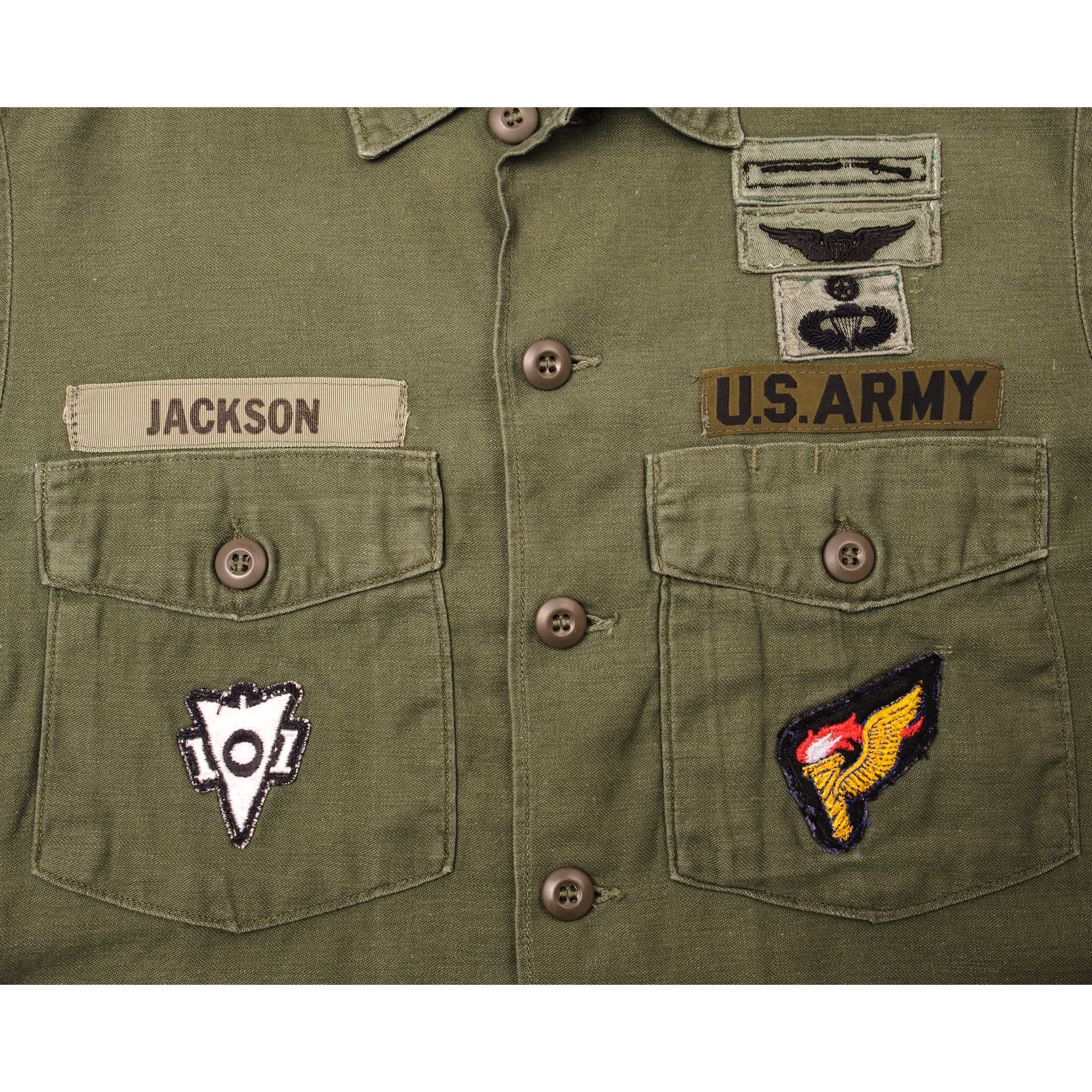 Vintage US Army Sateen Utility Shirt P64 Vietnam War Era - Size 15.5 x 33 with Original Patches | Military Collectible, Reenactment & Vintage Fashion
