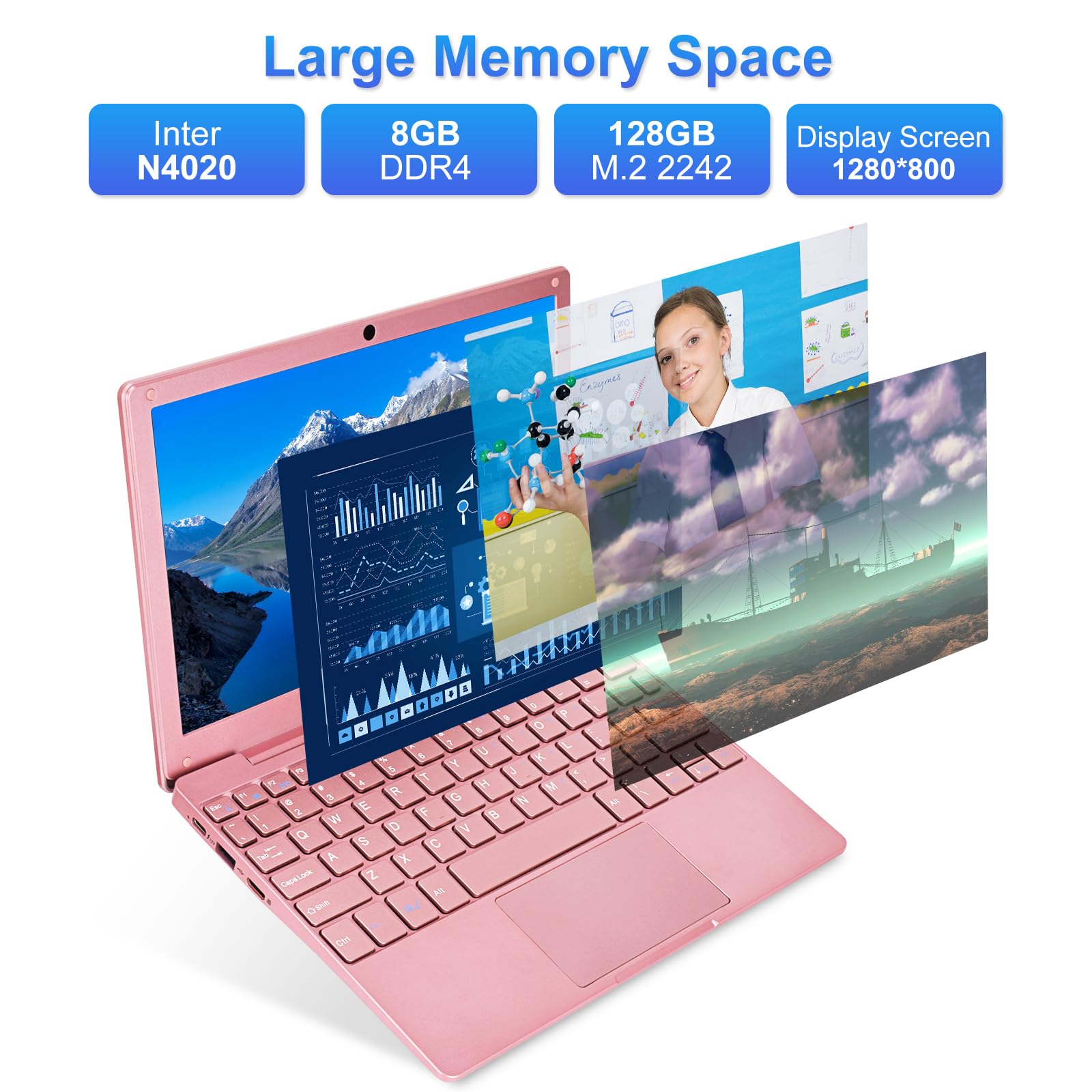 10.1 Inch Mini Laptop - 8GB RAM 128GB SSD, Intel Celeron N4020 Processor up to 2.8GHz, IPS Display, Windows 11 OS - Ultra Portable & Powerful Rose Gold Notebook for Work, Travel & Remote Learning