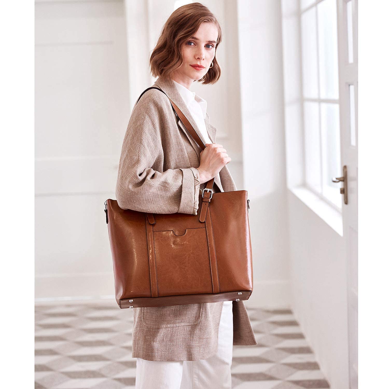 BOSTANTEN Women's Vintage Leather Laptop Tote Bag - 15.6 Inch Professional Office Shoulder Handbag & RFID Blocking Bifold Wallet with Zipper Pocket - Perfect for Work, Business Meetings and Daily Commute
