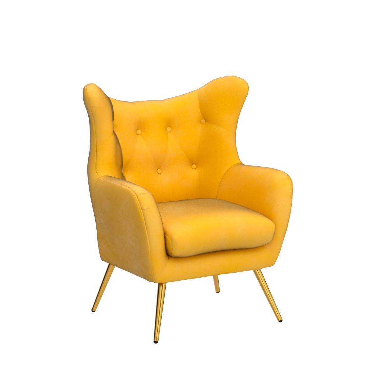 Velvet Accent Chair with Gold Metal Legs - Modern Wingback Armchair for Living Room & Bedroom | Tufted Upholstered Single Sofa Chair | Club Guest Chair in Mustard | Perfect for Reading Nook, Home Office or Lounge Area