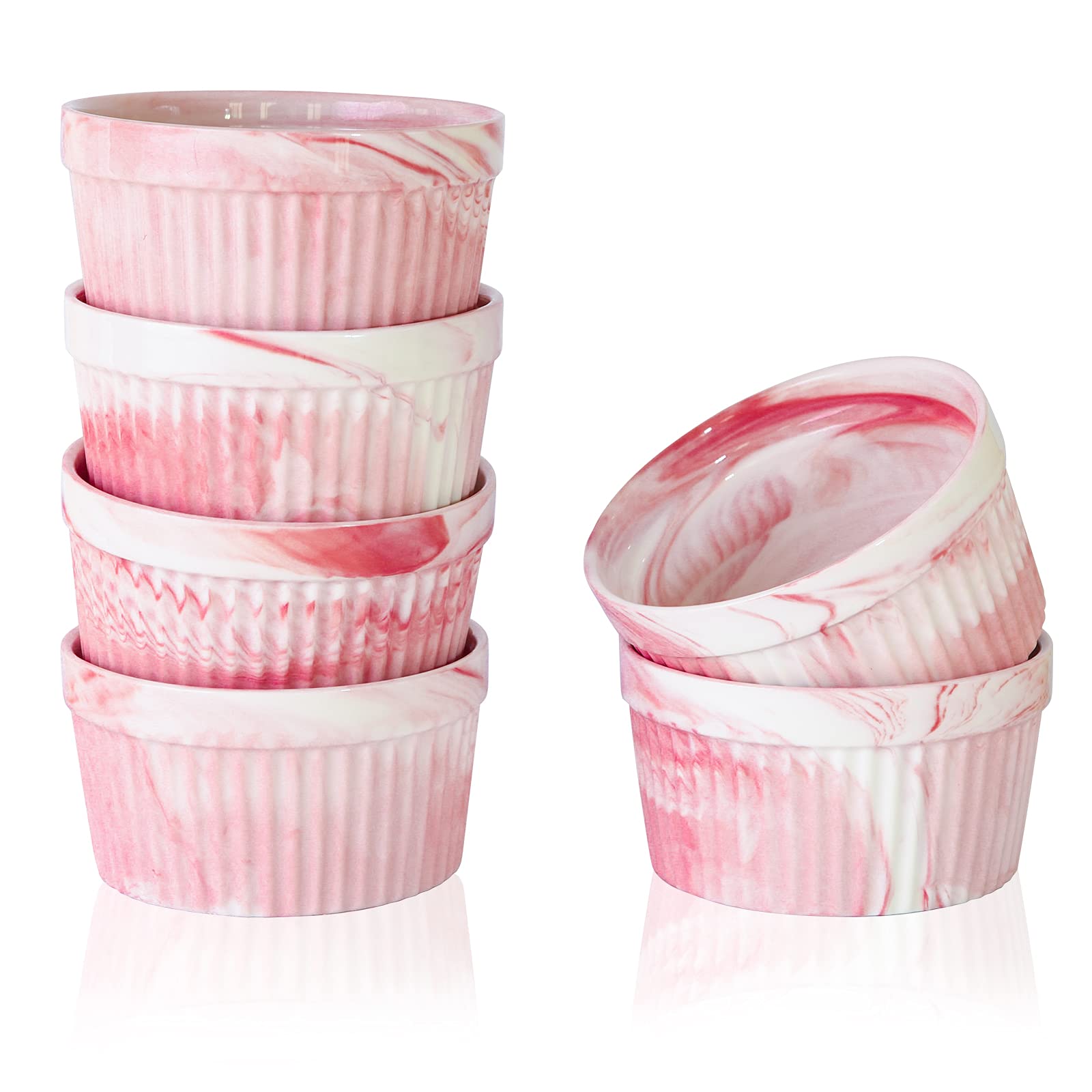 Yundu 8oz Pink Marble Ceramic Ramekins - Oven Safe Baking Bowls for Creme Brulee, Souffle, Desserts (Set of 6) | Perfect for Home Baking, Kitchen Decor & Elegant Dinner Parties