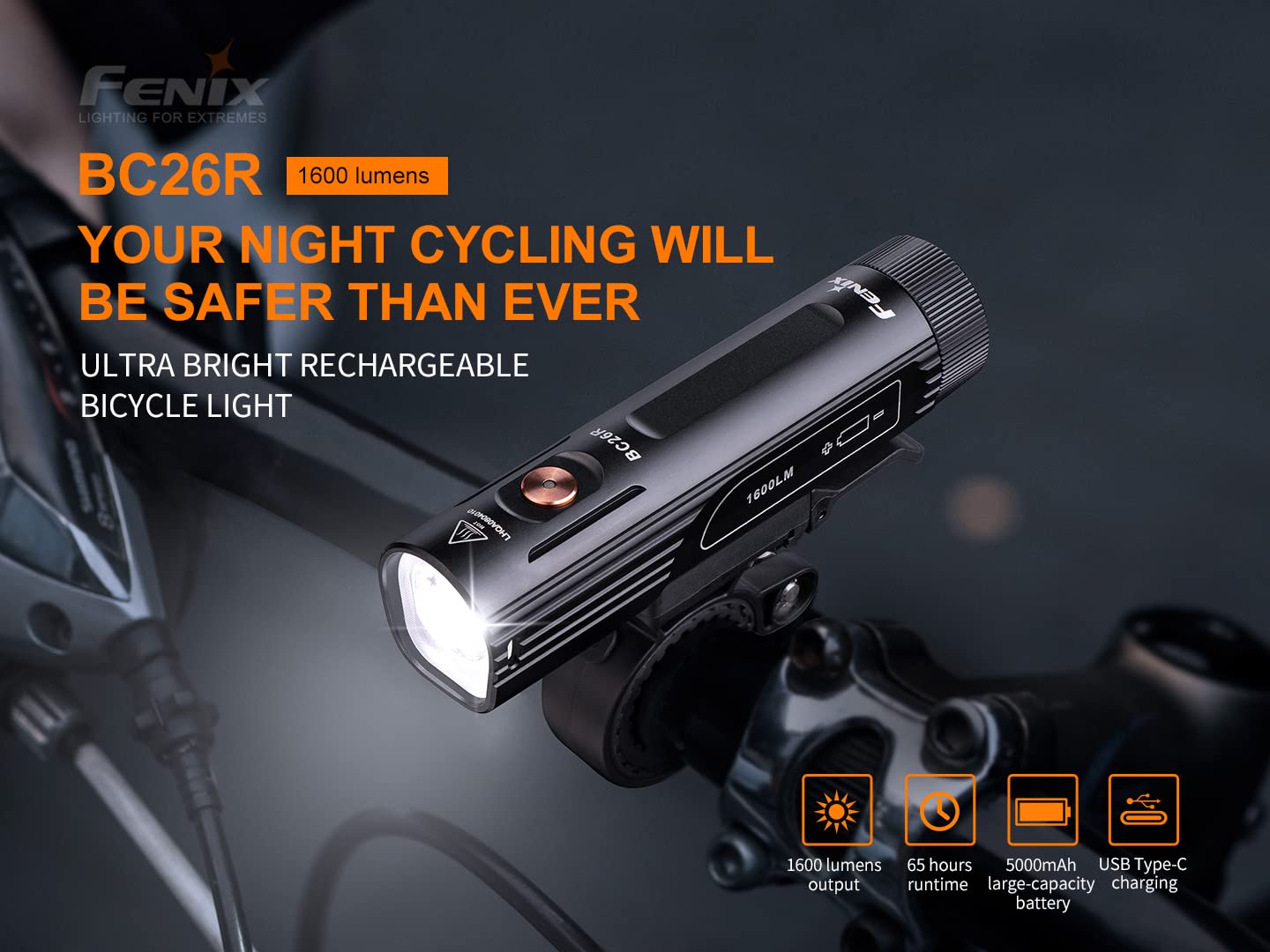 Fenix BC26R 1600 Lumen USB Rechargeable Bicycle Light with Edisonbright Battery & Carrying Case - Waterproof Bike Headlight for Night Cycling, Commuting, Mountain Biking & Outdoor Adventures