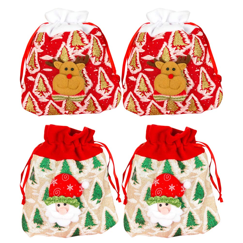 4Pcs Christmas Drawstring Bags - Linen Santa Reindeer Candy Gift Pouch for Holiday Party Favors, Jewelry Storage & Cookie Bags | Perfect for Xmas Gifts, Stocking Stuffers & Festive Decorations