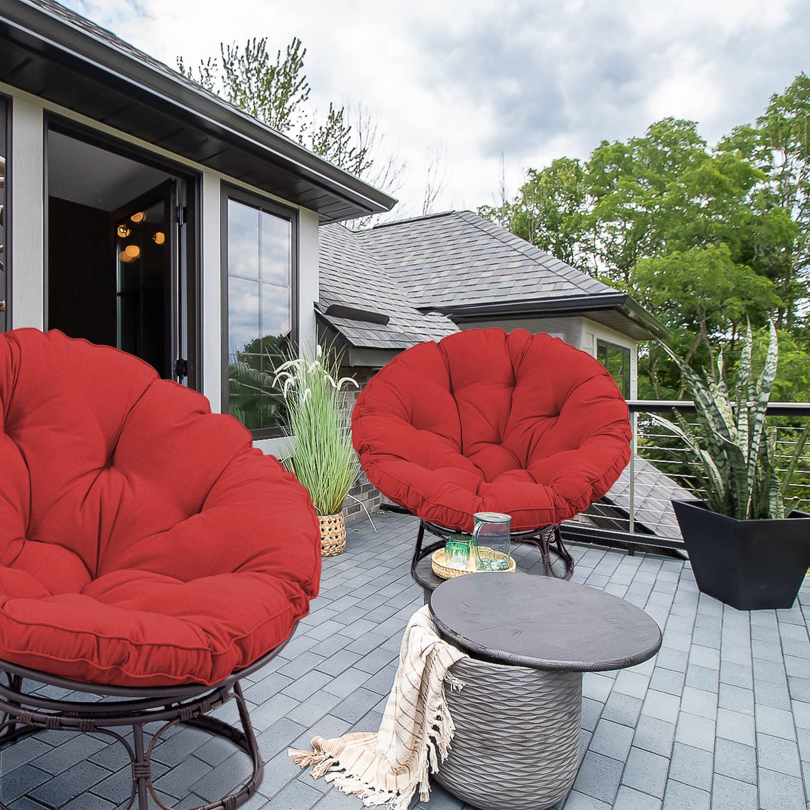 Joyside 46'' Wicker Papasan Chair with Cushion & Frame - Large Round Saucer Lounge Chair for Living Room, Bedroom, or Outdoor Relaxation - Perfect Circle Chair for Reading, Napping, and Lounging in Red