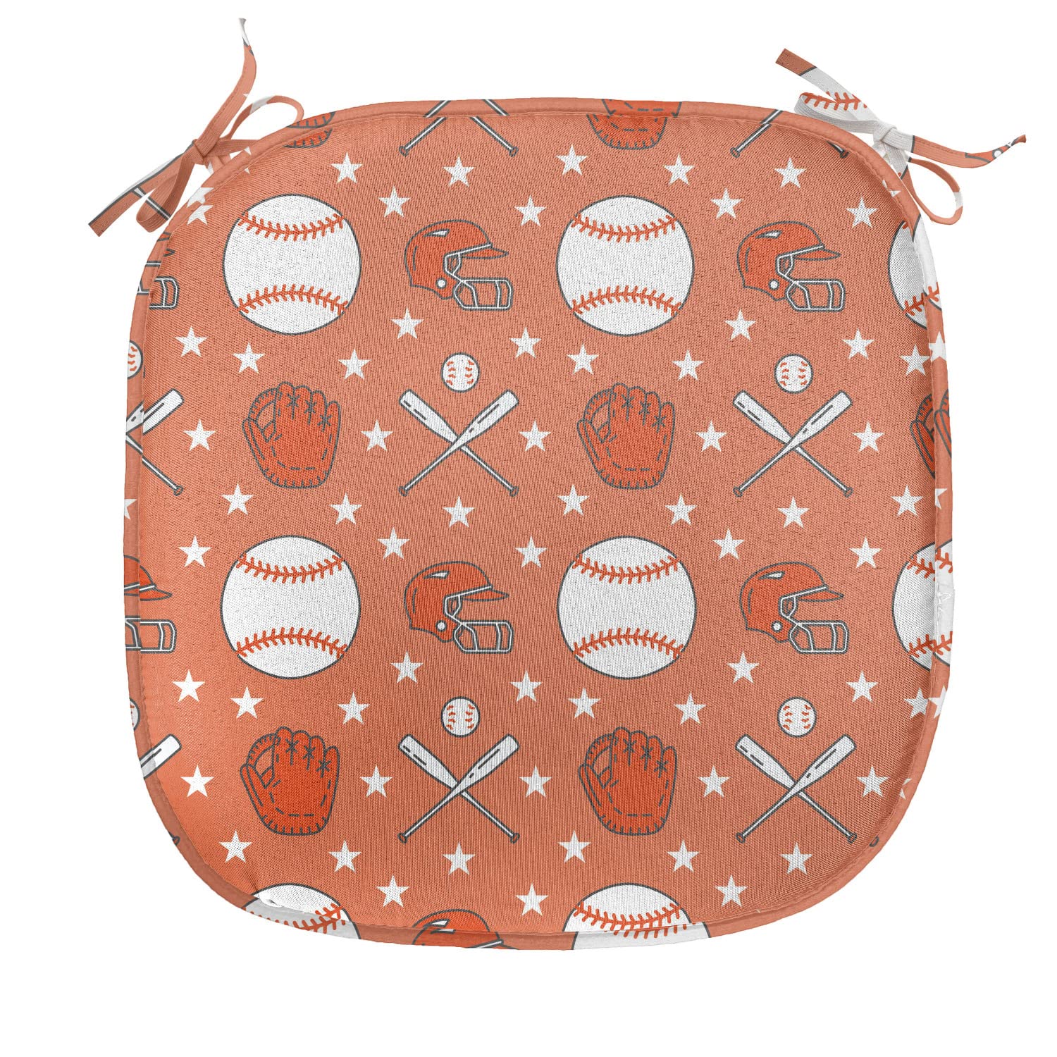 Lunarable Baseball Chair Cushion Set of 12 - Softball Game Seat Pads with Balls, Gloves & Bats Design - Anti-Slip Kitchen & Patio Seat Cushions 16