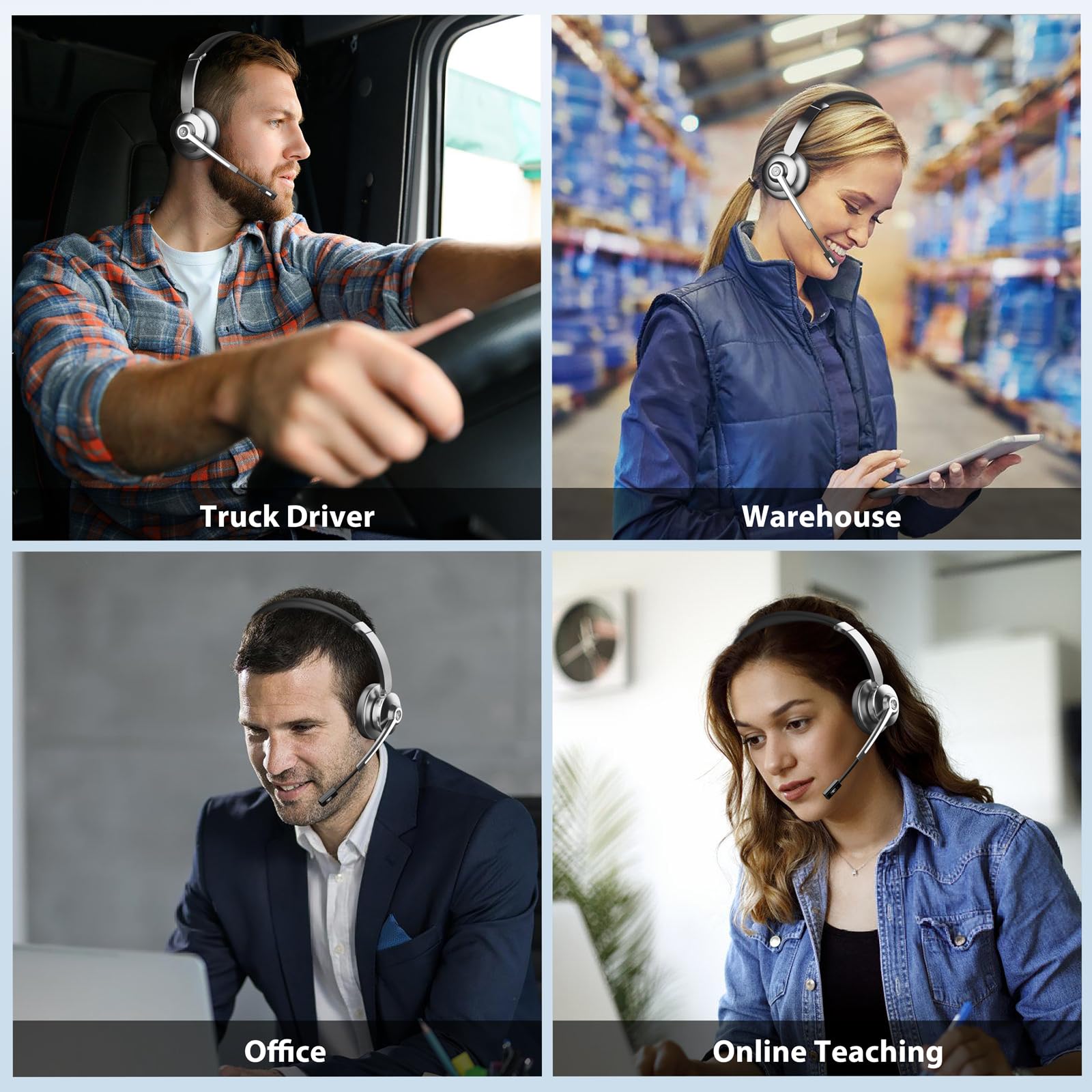 Wireless Bluetooth Headset with Noise Canceling Microphone & USB Dongle - Comfortable Office Headphones with Charging Base & Mute Button for Call Center, Truck Drivers, Remote Work & Business Meetings