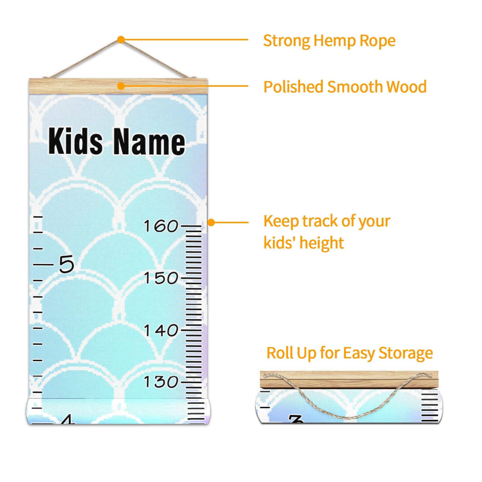 Personalized Kids Name Growth Chart Ruler - Wood Frame Wall Height Measure 13.4x56 inches - Linen Hanging Growth Tracker for Nursery & Kids Room Decor - Rainbow Mermaid Theme for Baby & Toddler Development Tracking