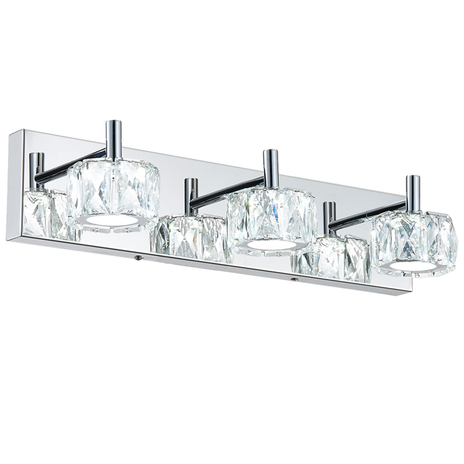 Modern LED Crystal Bathroom Light Fixture - 3-Light Chrome Vanity Lighting with Stainless Steel & Crystal Accents - Perfect for Bathroom Mirrors, Vanity Areas, and Spa-Like Ambiance