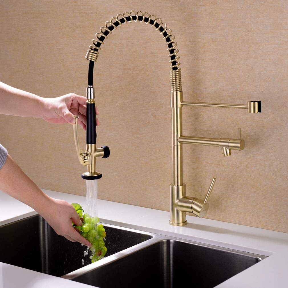 EKRTE Brushed Gold Commercial Style Kitchen Faucet with Pull Down Sprayer, Spot Free Single Handle Sink Faucet for Modern Kitchens and Restaurants
