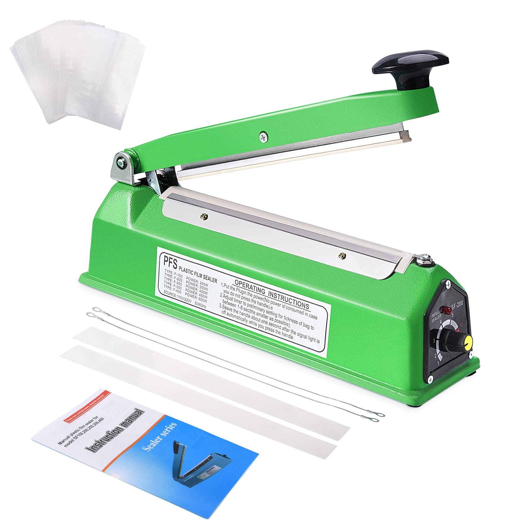 Suteck 8 Inch Manual Impulse Bag Sealer - Adjustable Timer Electric Heat Sealing Machine for Poly Bags with 50Pcs 4x6 Inch Shrink Wrap Bags & 2 Free Replacement Kits (Green) | Perfect for Food Packaging, Retail, and Home Storage Organization