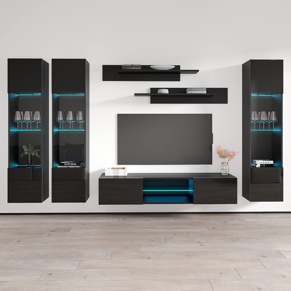 Modern Floating TV Stand with Storage & LED Lights - Wall-Mounted Entertainment Center for Bedroom & Living Room - Black TV Console with Shelves for 33