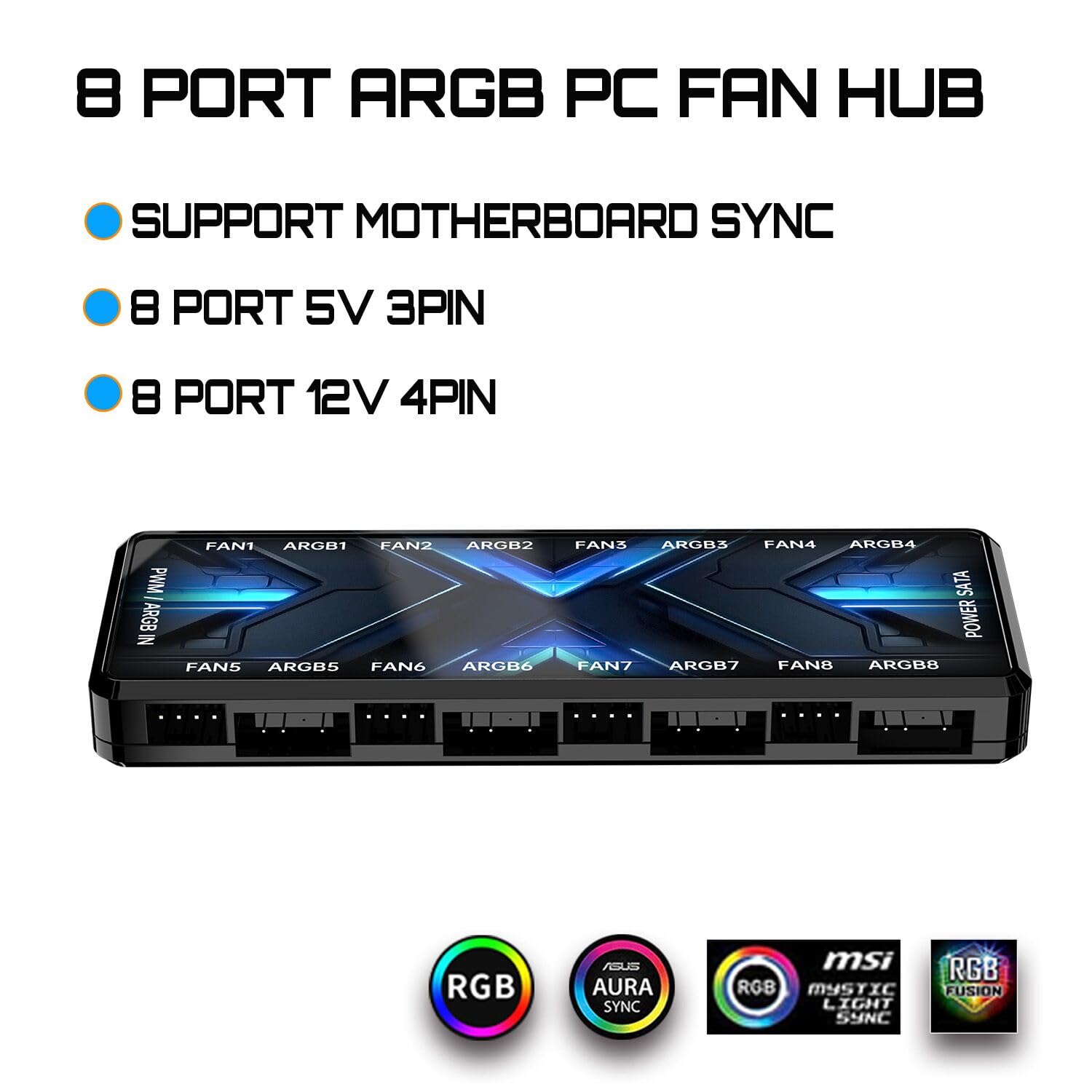 ARGB PWM Fan Hub - 8 Port RGB & 8 Port LED Controller with Magnetic Mount, 5V 3PIN/12V 4PIN Dual Mode, SATA Power Input - Perfect for PC Gaming Rigs, Custom Water Cooling & RGB PC Builds