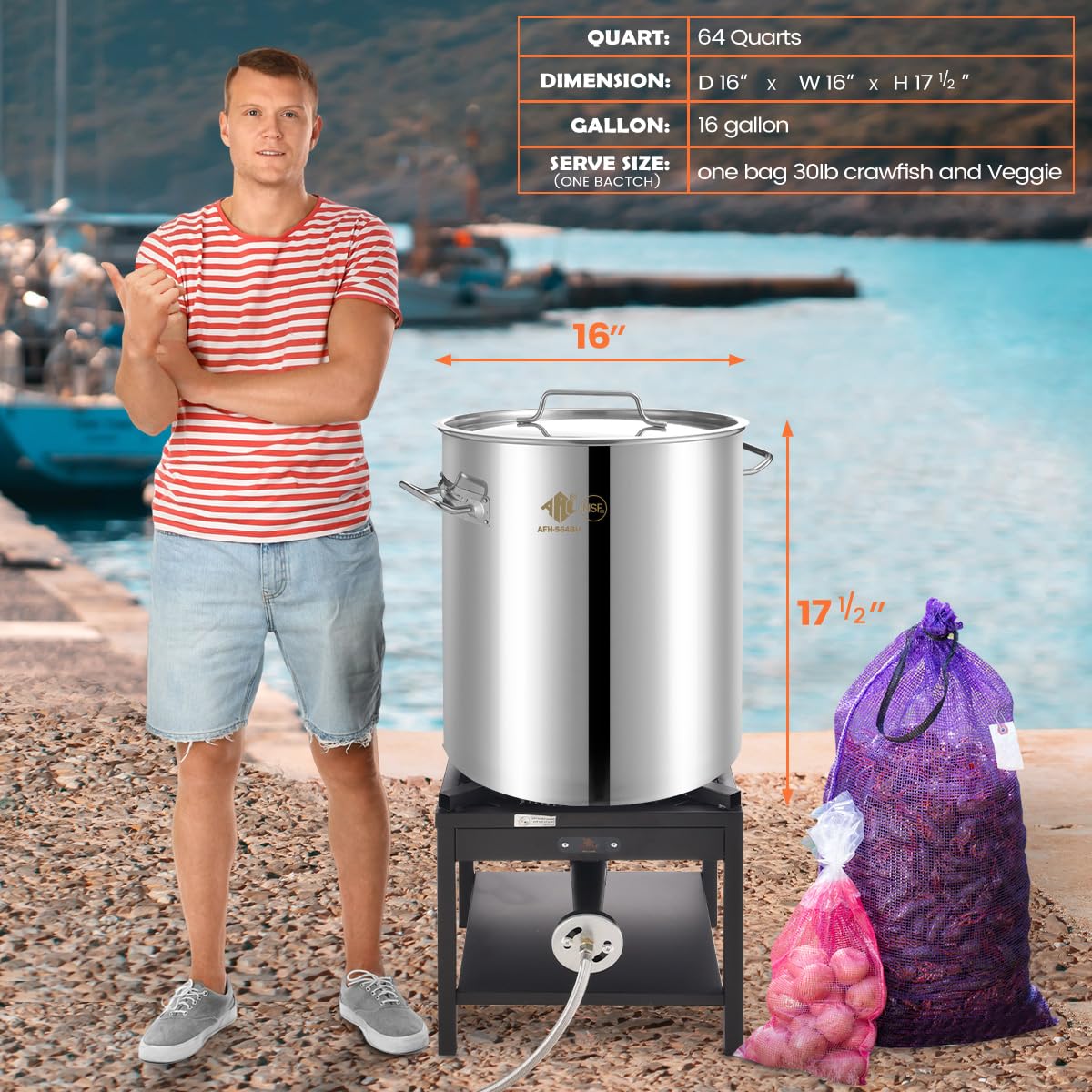 64-Quart Stainless Steel Seafood Boil Pot with Basket & Strainer - Perfect for Crawfish, Crab, Lobster & Shrimp Boils - Includes 2 Brown Paper Liners - Also Great for Turkey Frying & Large Batch Cooking (16 Gallon)