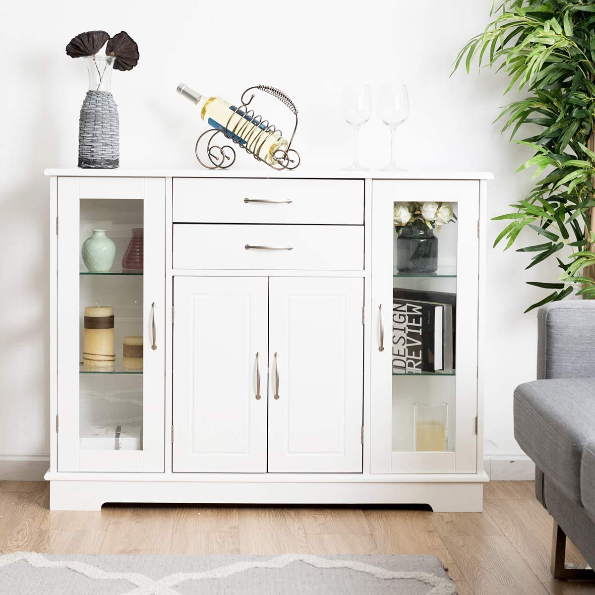 Moccha White Sideboard Buffet Cabinet with Adjustable Shelves & 2 Drawers - Kitchen Storage Cupboard with Glass Door for Dining Room, Living Room, Hallway - Perfect for Entertaining Guests & Organizing Dishes