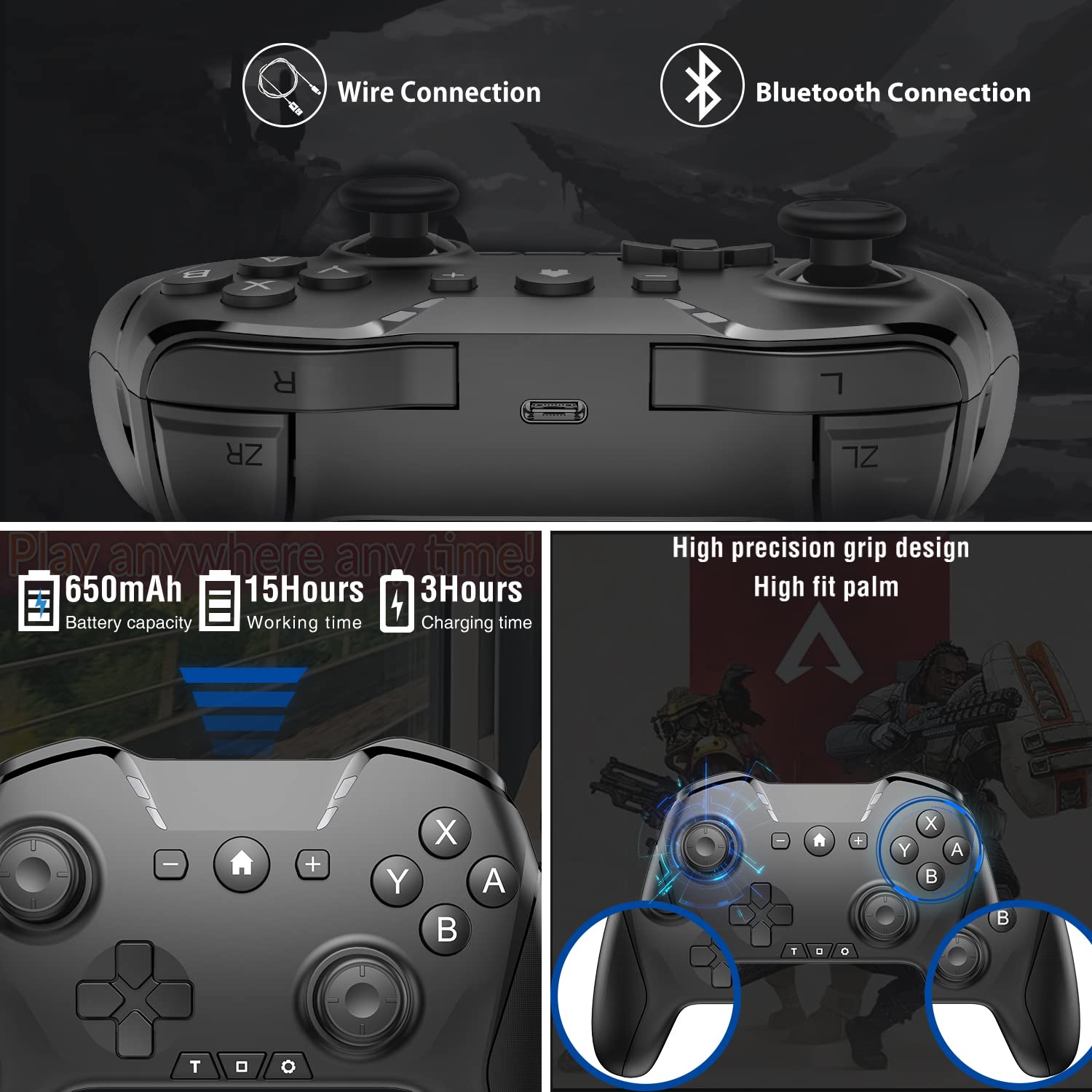 Wireless Bluetooth Controller for Nintendo Switch, PC, Mac, Steam, iOS, Android, TV - Pro Gamepad with Adjustable Dual Motion, Turbo, Macros & 6-Axis Gyro - Compatible with Black Myth: Wukong & Apple Arcade (Black/Purple/Black with Clip) - Perfect for Gaming on Multiple Devices at Home or Travel
