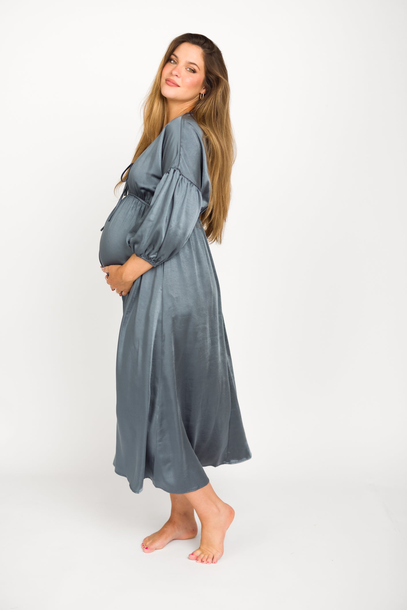 Hunter Premium Satin Midi Dress in Blue Granite - Bump Friendly Maternity Dress for Women | Elegant & Comfortable for Pregnancy, Baby Showers, Weddings & Special Occasions