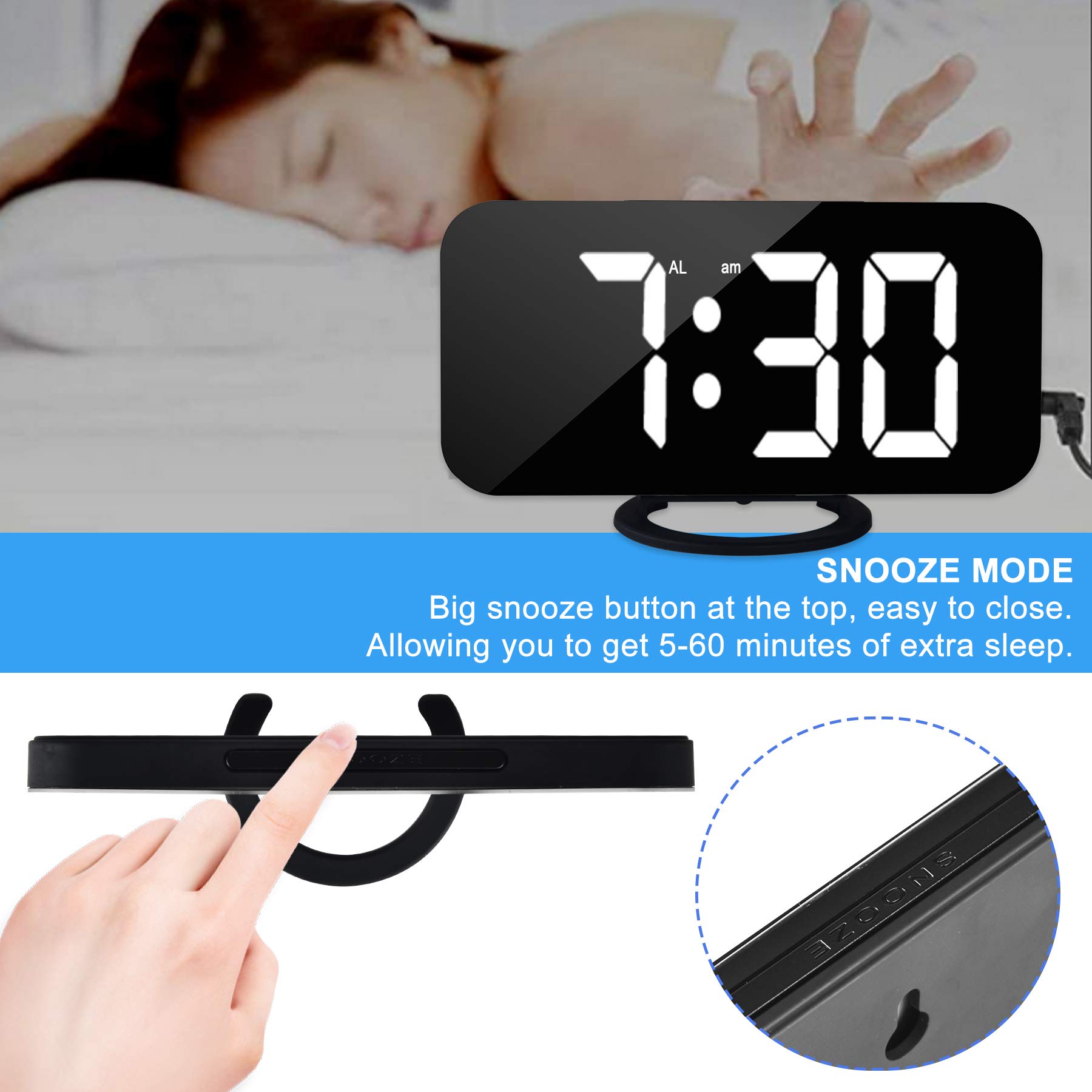 MOOGEE Digital Alarm Clock with LED Display, Auto Dimmer & 2 USB Charger Ports - Large 6.5