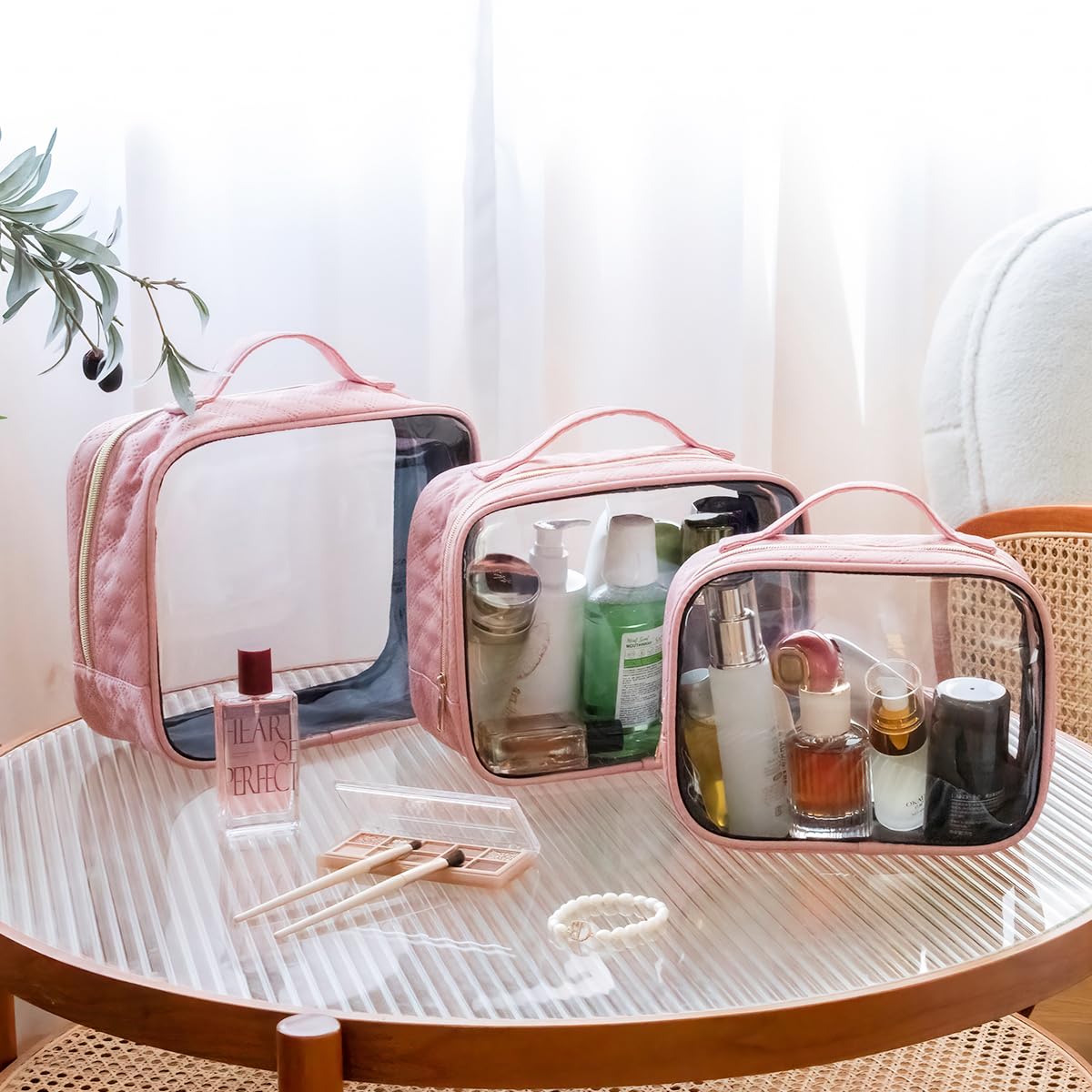 FUNSEED Large Travel Toiletry Bag Set - 3 Pack Clear Makeup Bags with Handles, Waterproof PVC Cosmetic Organizer for Women & Men (Pink) | Perfect for Air Travel, Gym, Beach & Daily Essentials Storage