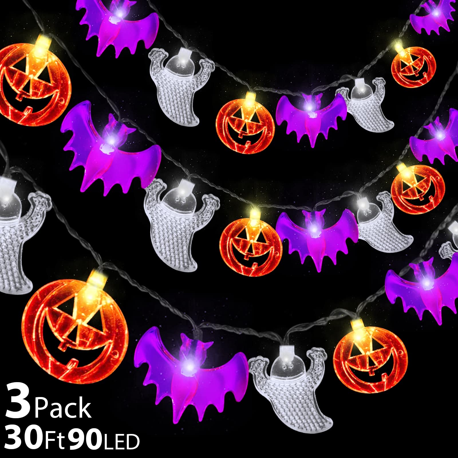 30Ft 90LED Halloween String Lights - 3 Pack Orange Pumpkin, Purple Bat & White Ghost Decorations for Indoor/Outdoor Use | Battery Operated Party Lights for Home, Yard, Porch & Halloween Party Decor