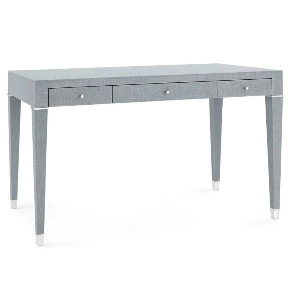 Claudette Desk - Winter Wash Gray Lacquered Linen Finish with Nickel Hardware - Modern Home Office Desk for Small Spaces & Workspaces