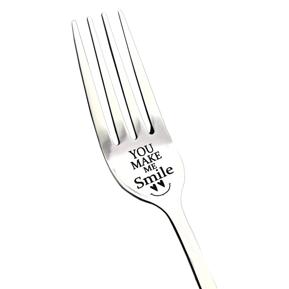You Make Me Smile Engraved Stainless Steel Dinner Forks - 8 Inch Funny Inspirational Cutlery Set - Perfect Gift for Boyfriend, Girlfriend, Husband, Wife - Great for Weddings, Anniversaries & Valentine's Day - Ideal for Romantic Dinners, Special Occasions & Thoughtful Gift Giving