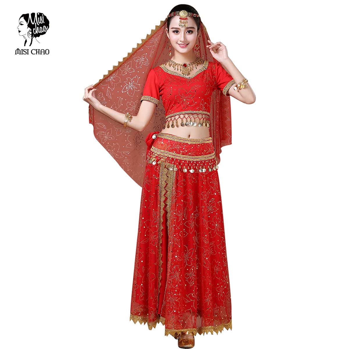 Elegant MISI CHAO Belly Dance Costume - Bollywood Chiffon Dress with Head Veil for Women | Perfect for Halloween, Dance Performances & Cultural Events