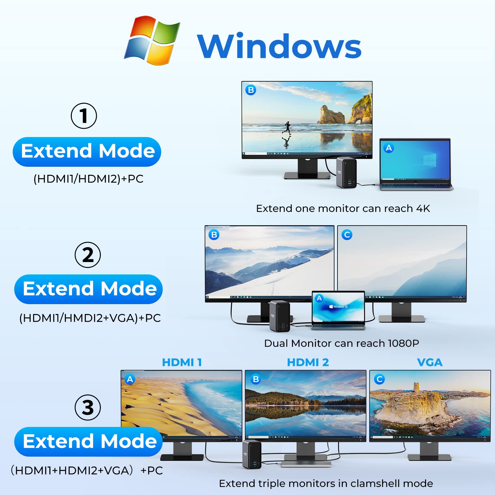 USB C Docking Station Dual Monitor with 2 HDMI Ports, VGA, 65W PD, 6 USB Ports, Ethernet, SD/TF Card Reader, Audio/Mic - Compatible with Windows & ChromeOS Laptops | Perfect for Home Office, Remote Work & Multi-Screen Productivity