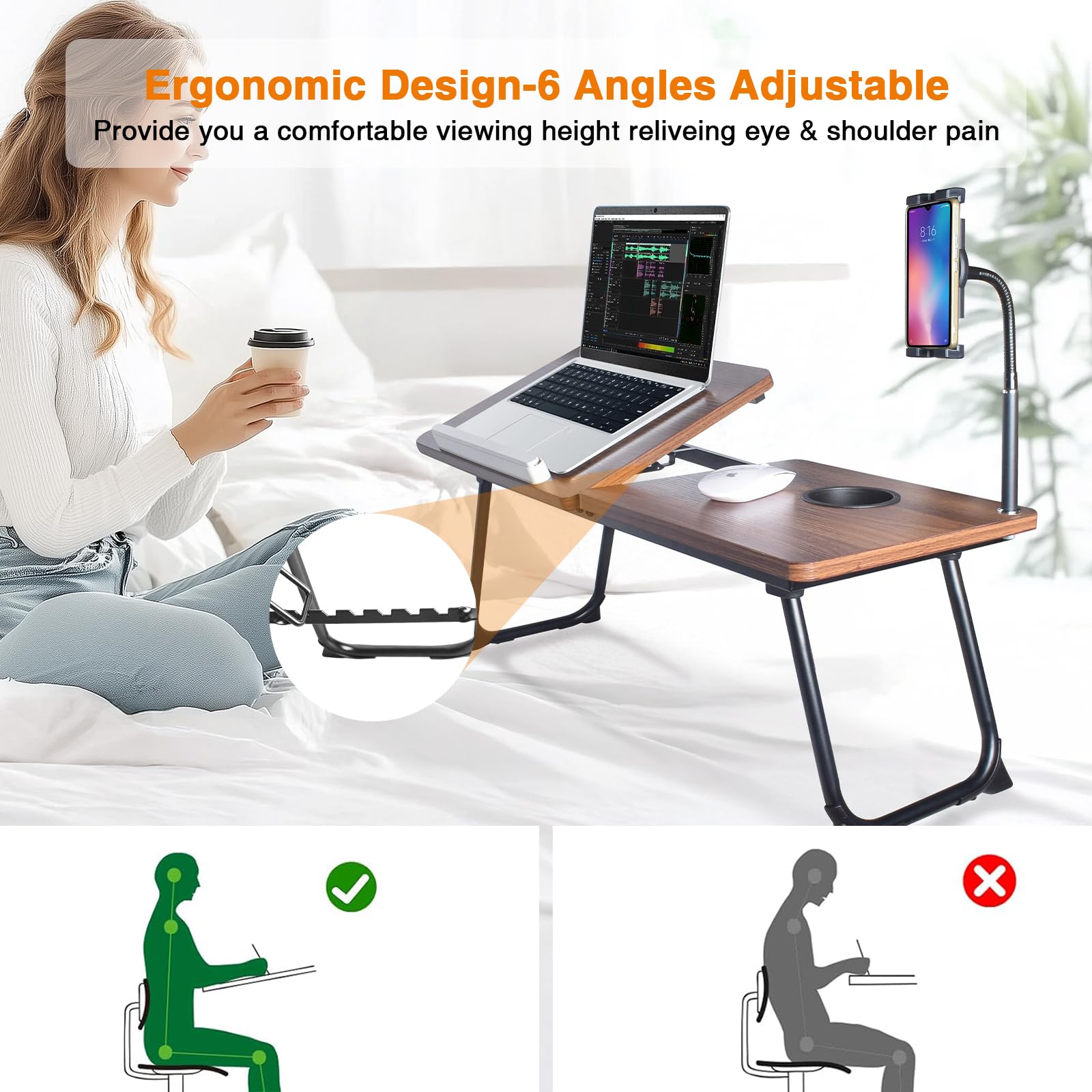 Portable Laptop Desk with Phone Holder & Foldable Legs - Dark Wood Finish Adjustable Standing Desk for Home Office, Bed, Couch & Outdoor Use