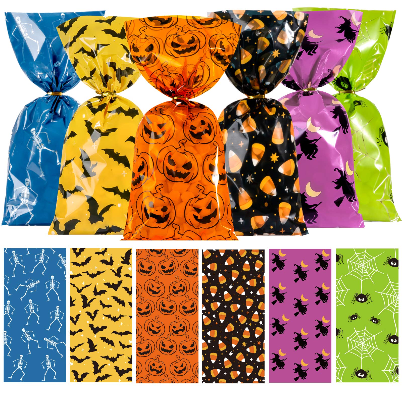 150Pcs Halloween Cellophane Bags - 6 Designs with Twist Ties (Pumpkin, Spider, Bat, Bone) - Candy Treat Bags for Halloween Party Favors, Sweet Gifts & Table Decorations - Perfect for Trick-or-Treat, Classroom Treats & Halloween Party Decor