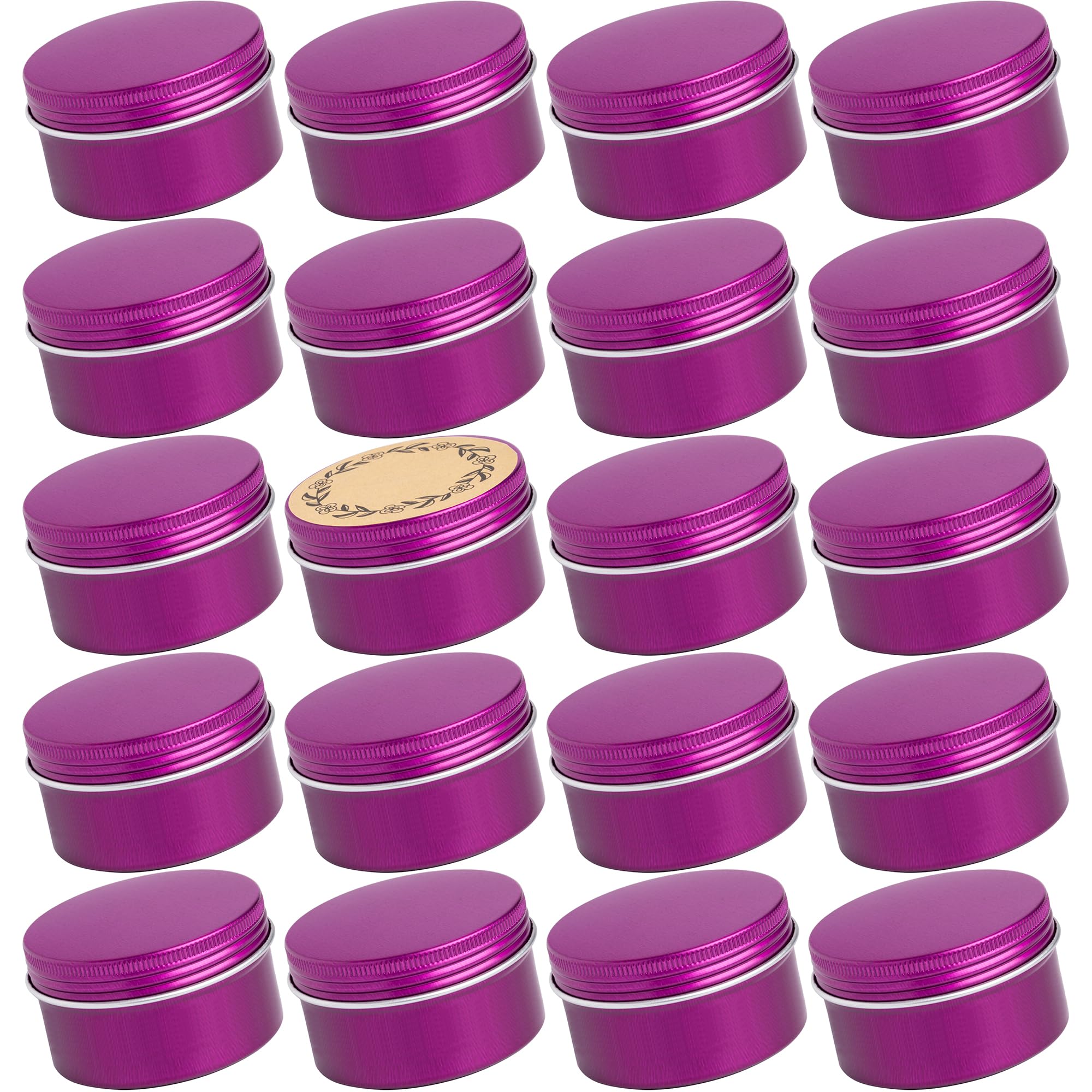 24 Pack 4oz (120ml) Refillable Screw Top Aluminum Tin Jars with Lids & Blank Labels - Small Metal Containers for Lip Balm, DIY Candles, Herbal Salves, Spices Storage, Craft Supplies - Perfect for Home, Travel & Gift Packaging (Purple)