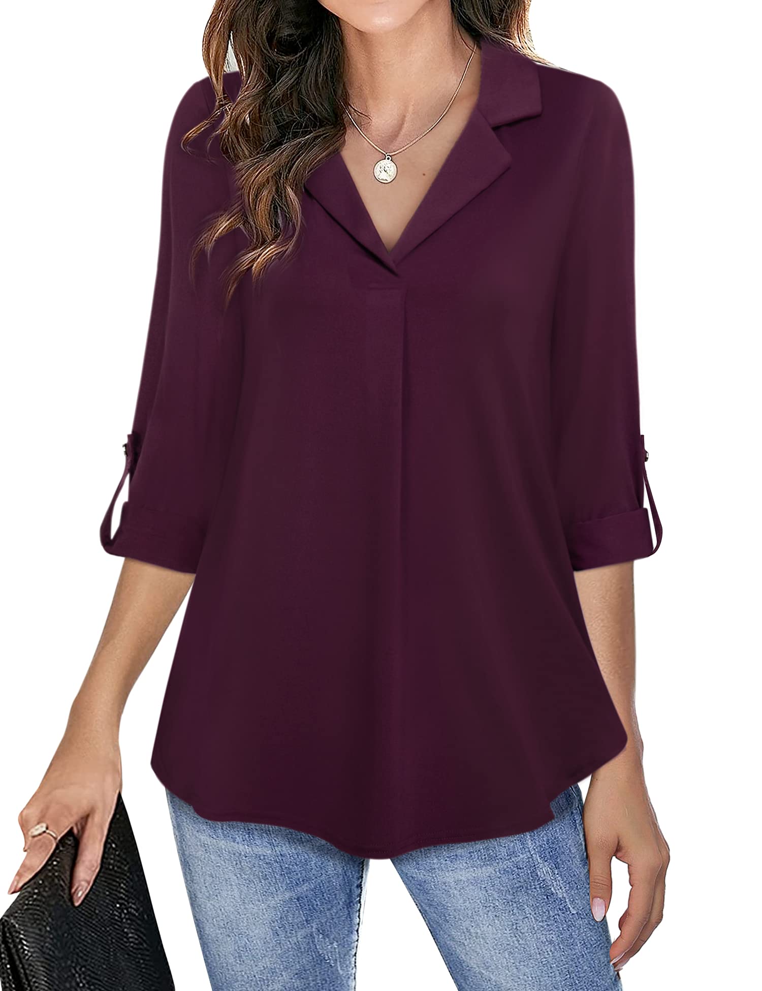 Messic Women's 3/4 Sleeve Notch Lapel Collar Tunic Blouse - Professional Work Shirt for Office, Business Casual & Formal Occasions