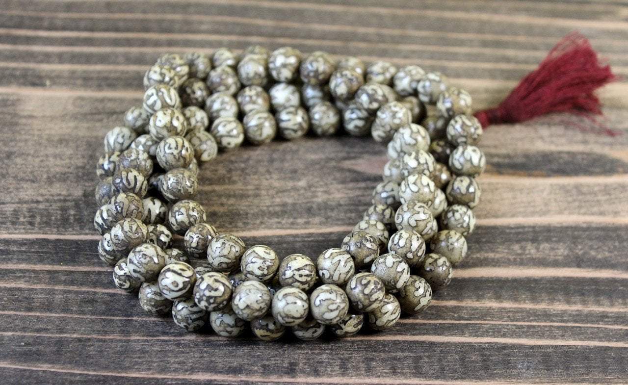 10mm Hand Carved Naga Shell Om Mani 108 Mala Beads - Buddhist Prayer Necklace for Meditation, Yoga & Spiritual Healing | Authentic Natural Shell Beads with Mantra Carvings