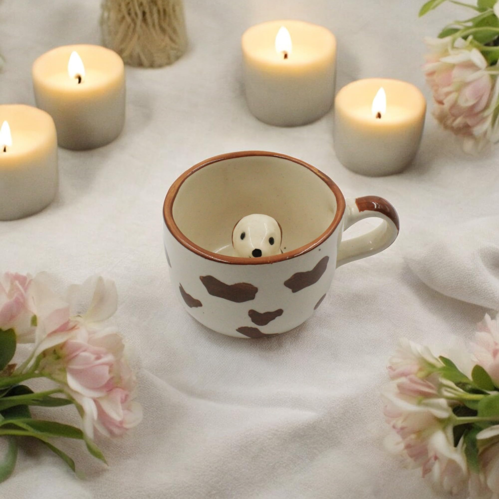 The Pottery Muse Dog Ceramic Milk & Coffee Mug - 10oz White & Brown Pet Lover Cup | Microwave & Dishwasher Safe | Perfect for Hot Drinks, Home, Office, or Gift Giving | Great for Coffee, Tea, Hot Chocolate & Breakfast Use