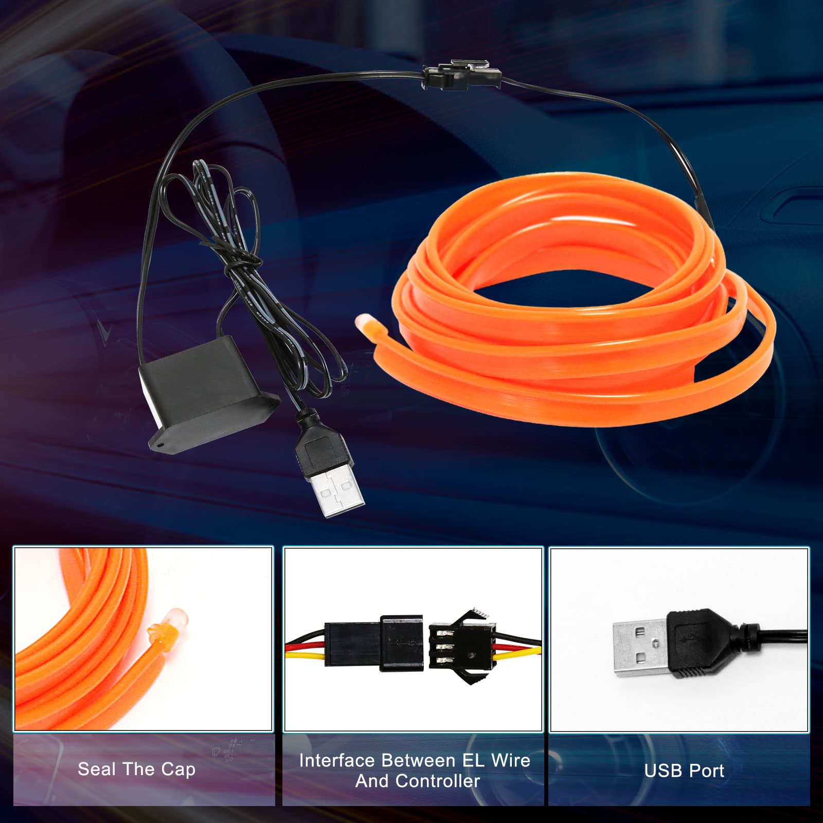 EL Wire Car LED Interior Strip Light - 197 Inch USB Neon Wire with 6mm Sewing Edge | 5M/16.5FT Orange Electroluminescent (EL) Wire for Car Decor & Ambient Lighting | Perfect for Car Interior, Bedroom, Party & DIY Projects
